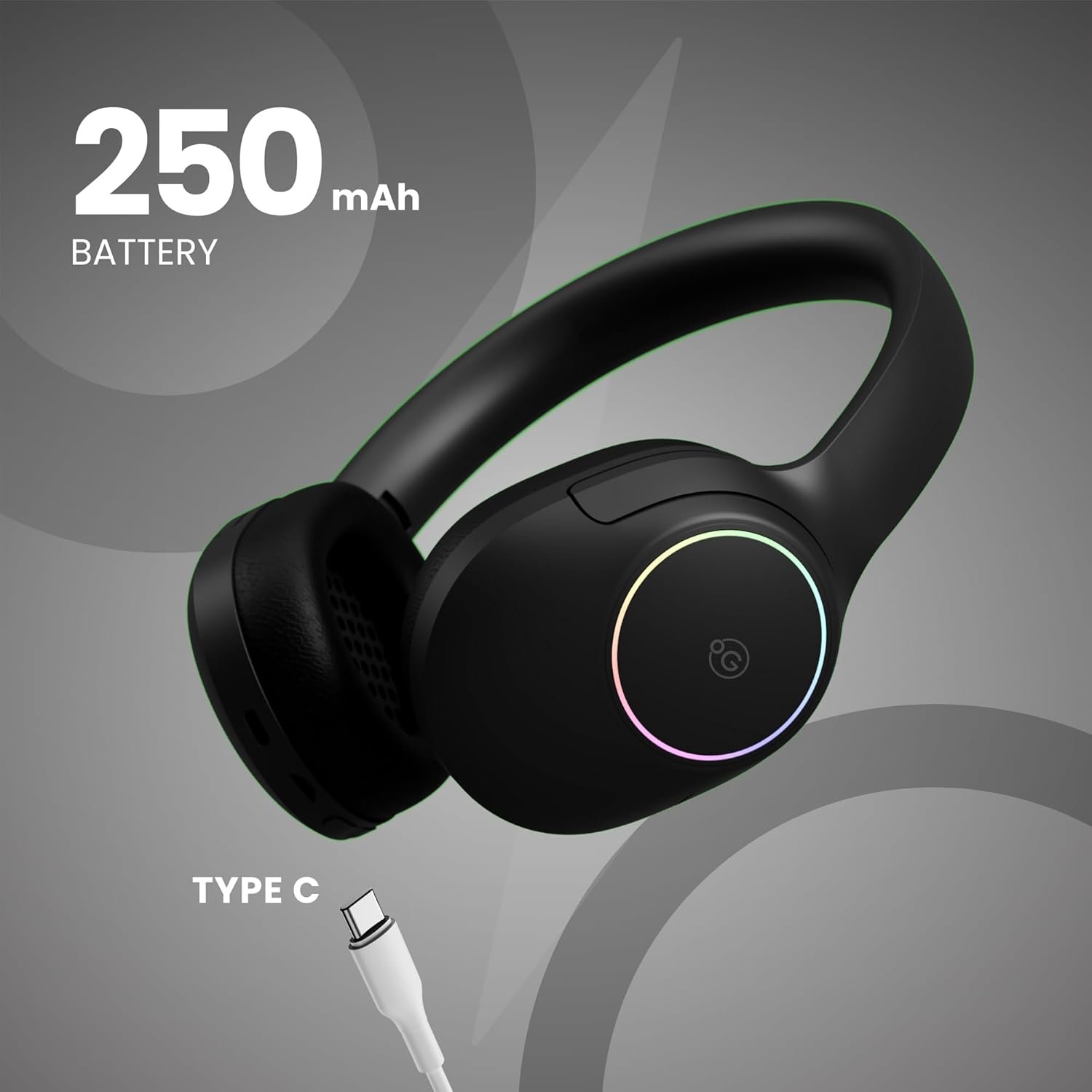 OOGE Echo 200 Wireless Bluetooth Headphones (Black), 30H Playtime, RGB Light, 250mAh Battery, Bluetooth 5.3, 10m Range, 800H Standby Time, 1-Year Warranty - Image 4