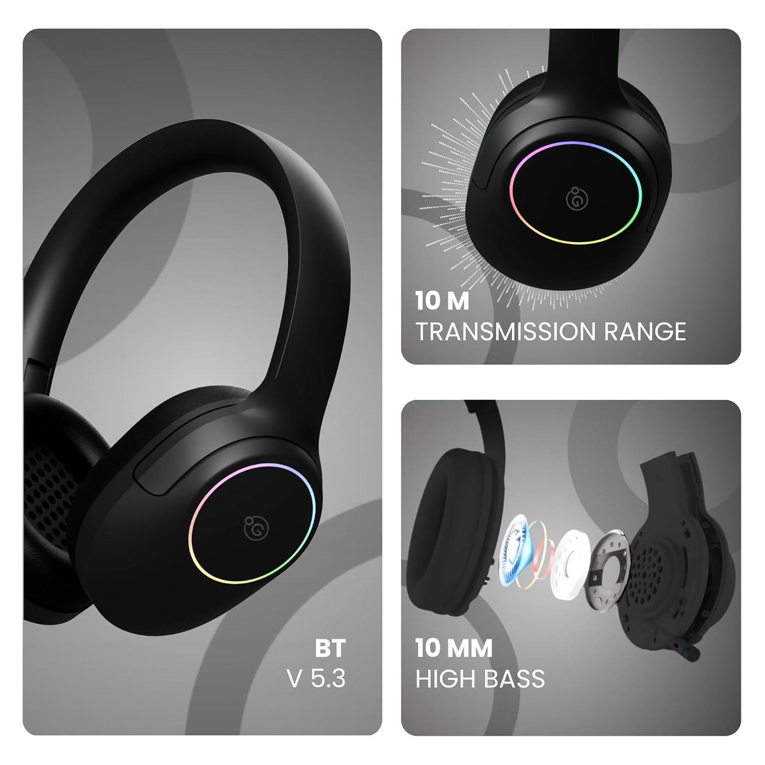 OOGE Echo 200 Wireless Bluetooth Headphones (Black), 30H Playtime, RGB Light, 250mAh Battery, Bluetooth 5.3, 10m Range, 800H Standby Time, 1-Year Warranty - Image 7