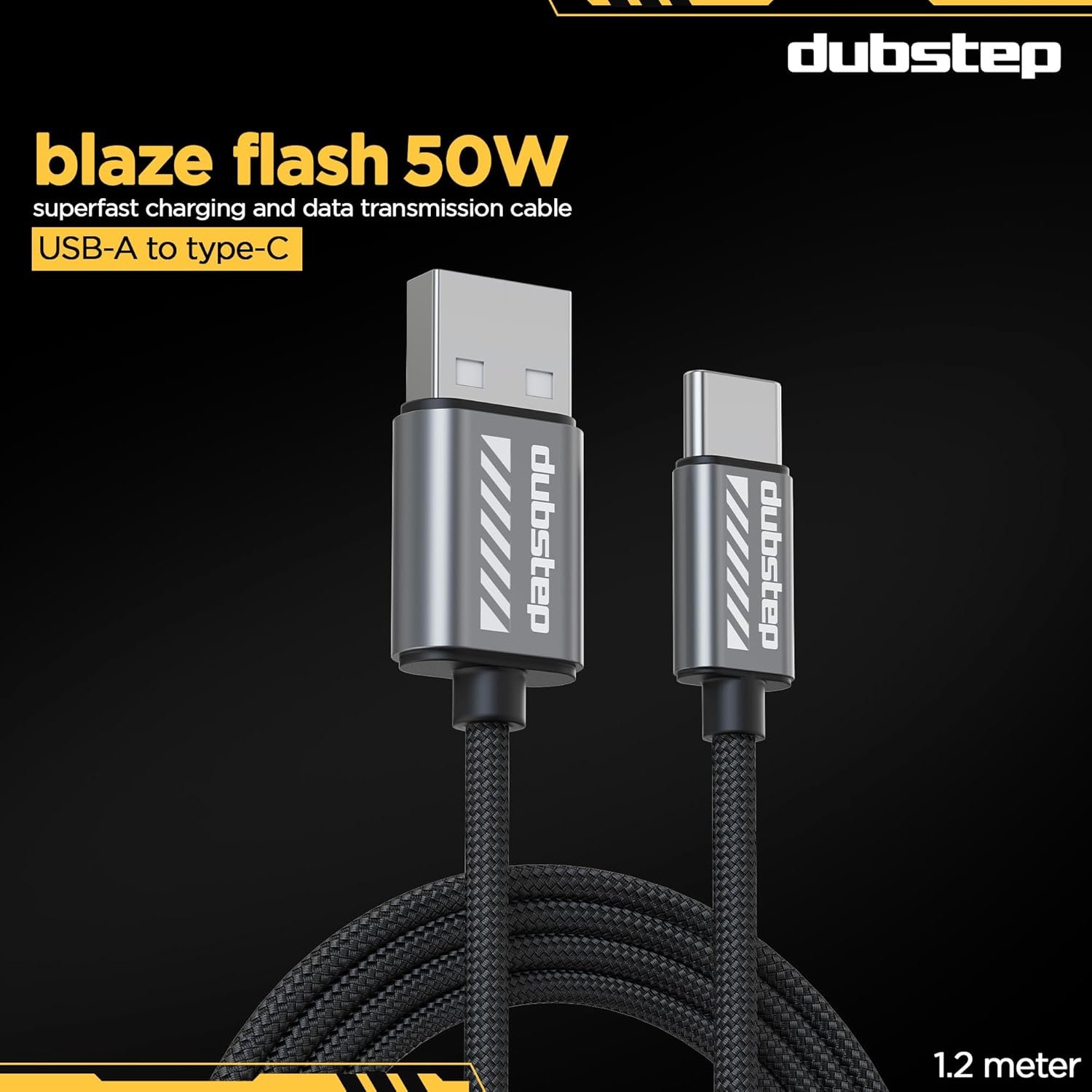 Dubstep Blaze Flash 50W USB Type C Nylon Braided Cable 3.5 A 1.25m Supports All Fast Charging Technologies (Compatible with Mobile, Tablet, Laptop, Speakers, Grey, One Cable) - Image 3