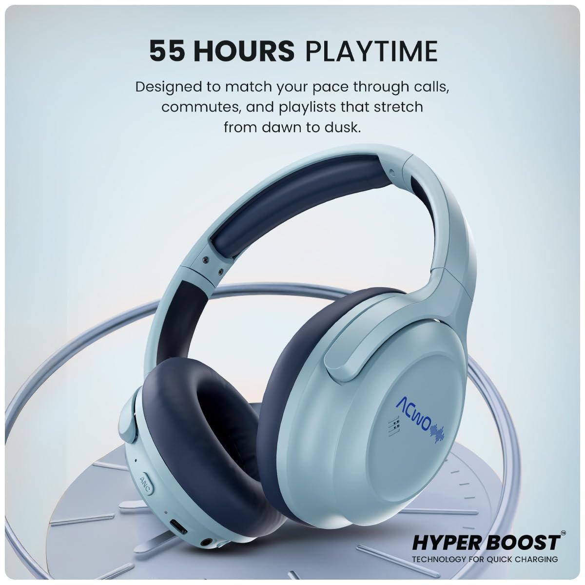 ACwO Twister 717 | Hybrid ANC up to 38dB | X- Fidelity Acoustics | Bass BooMX™ 40mm Drivers | Dual EQ Modes: Gaming & Cinematic | Up to 55 Hours Music Playtime (ANC Off) - Steel Blue - Image 5