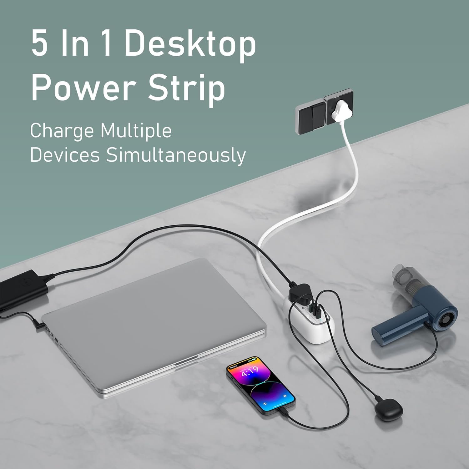 Portronics 67W Volt 65 Pro High Speed Smart Desktop Charger, 1M Copper Cable, 2 x Type C PD Port, 1 x USB Mach Port,2 x AC Power Socket, Compatible with Laptop,Smartphones,iPhones,Tablet(White) - Image 3