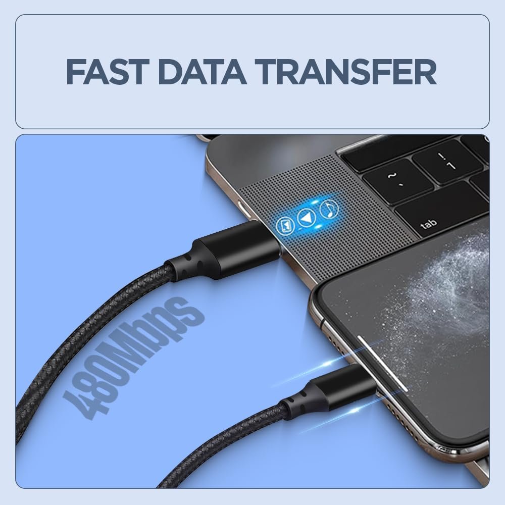 UNIGEN 3A USB Type-A to Lightening Fast Charging 1.5 Meter Braided Cable PD & QC 3.0 Compatible High-Speed Data Sync Charger Cord for iPhone 14/13/12/11/X/8/7, iPad, iPod (Black) - Image 3