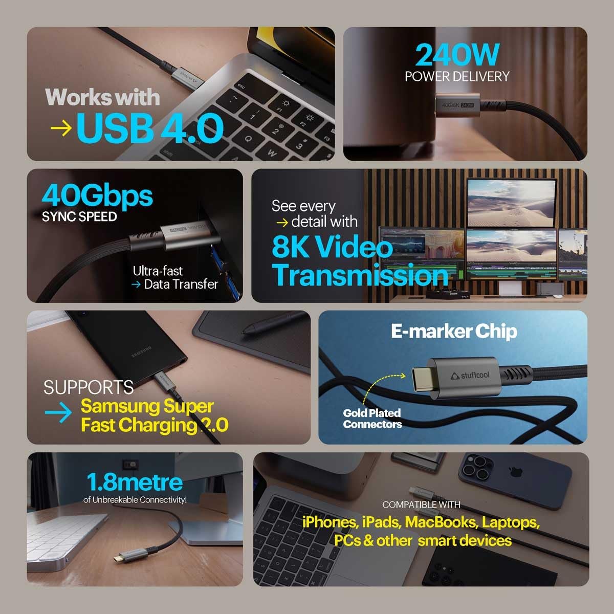 Stuffcool Primus USB 4 Type-C to Type-C Cable with 240W Power and 40Gbps Data with 8K Video Transmission, 1.8M, Black - Image 4