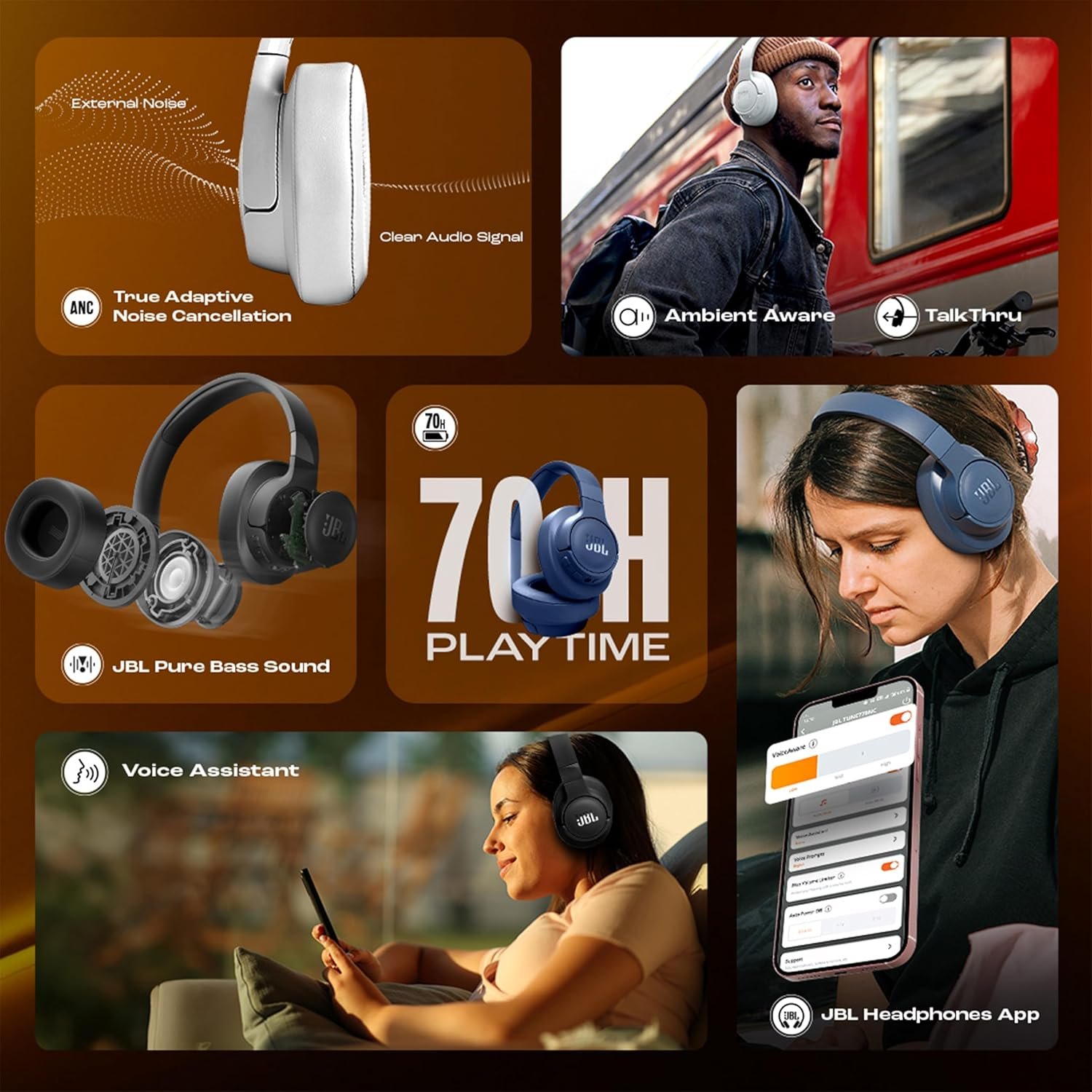 JBL Tune 770NC Wireless Over Ear ANC Headphones with Mic, Upto 70 Hrs Battery, Speed Charge : 5 min Charge Gives up to 3H of Playback, Customized EQ, Google Fast Pair, Dual Pairing, BT 5.3 (Black) - Image 3