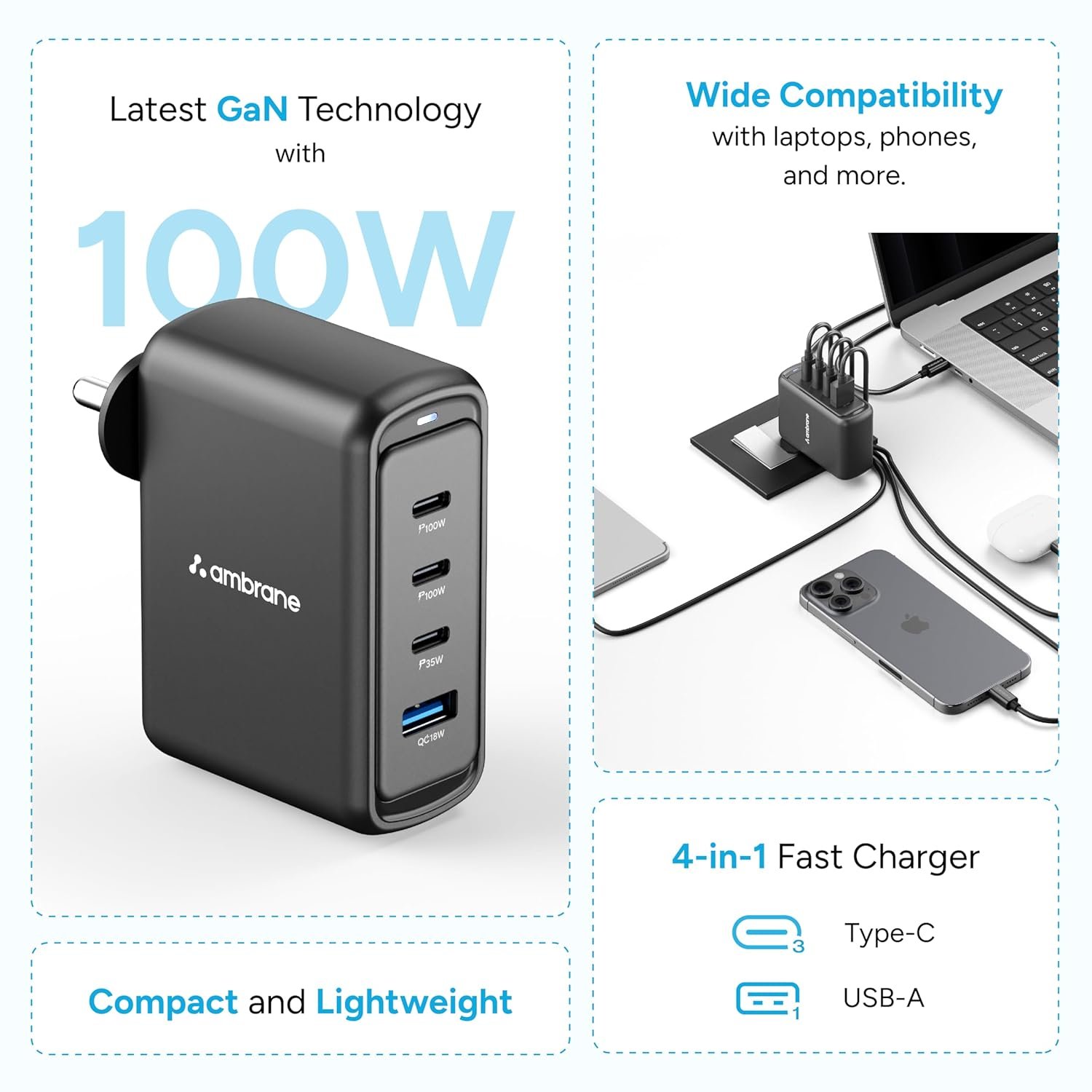 Ambrane 100W GaN Charger: Fast Charging Adapter with 4 Ports (3 USB-C + 1 USB-A), PD Support, iPhone 0–50% in Minutes, Compatible with All iPhones, Android Phones, Laptops & MacBooks (charge100 Black) - Image 3