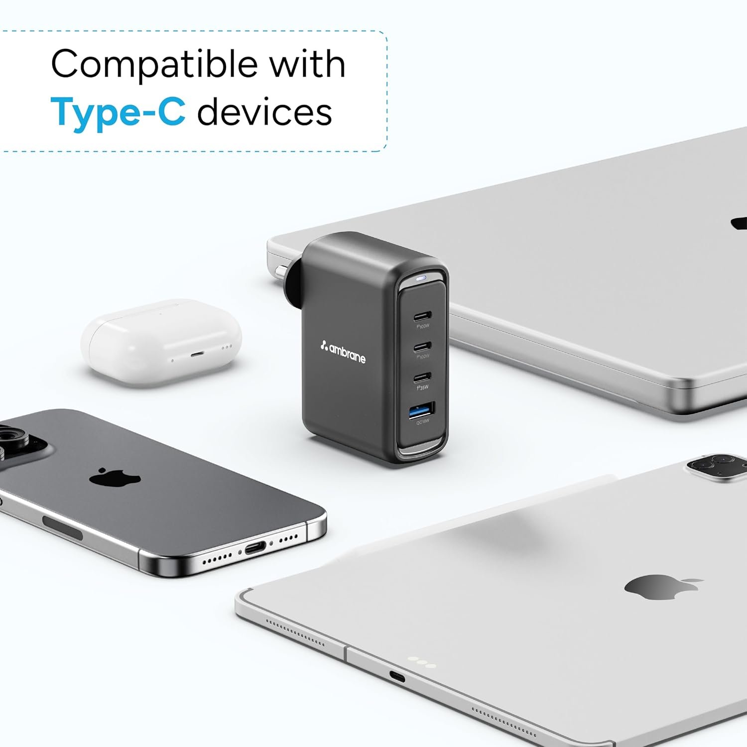 Ambrane 100W GaN Charger: Fast Charging Adapter with 4 Ports (3 USB-C + 1 USB-A), PD Support, iPhone 0–50% in Minutes, Compatible with All iPhones, Android Phones, Laptops & MacBooks (charge100 Black) - Image 7