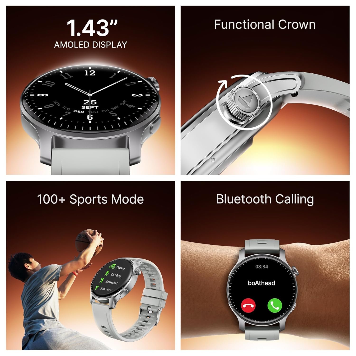 boAt New Launch Ultima Prime smartwatch with 1.43” AMOLED Display, Personalized Fitness Nudges, Functional Crown,100+ Sports Modes, Watch Face Studio (Silver Mist) - Image 3