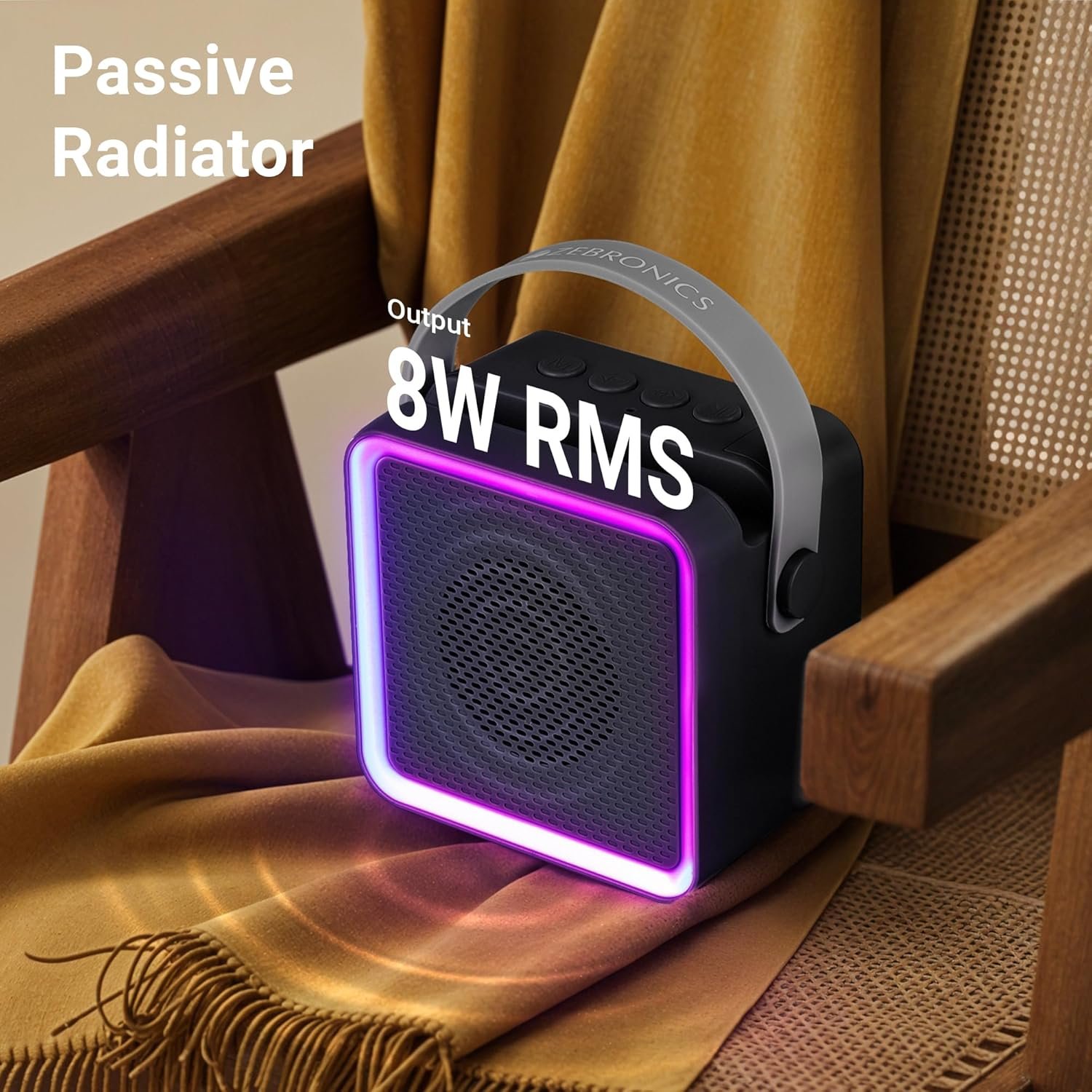 ZEBRONICS County 8, Portable Bluetooth Speaker, 8 Watts, Upto 7 Hours Playback, Passive Radiator, BTv5.3 | TWS | USB | mSD, RGB LED, Call Function, Compact Design, Carry Strap (Black) - Image 3