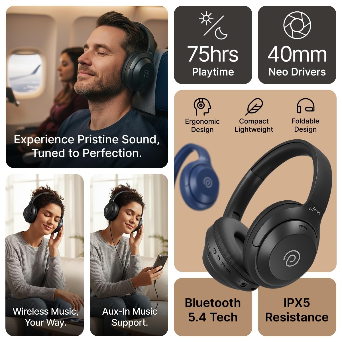 pTron Studio Classic w/ 75Hrs Playtime, Wireless Over Ear Headphones w/HD Mic & AI-ENC, Low-Latency Game & Music, Deep Bass, BT5.4, Dual Device Pairing, Voice Assist. & Type-C Fast Charging (Black) - Image 3