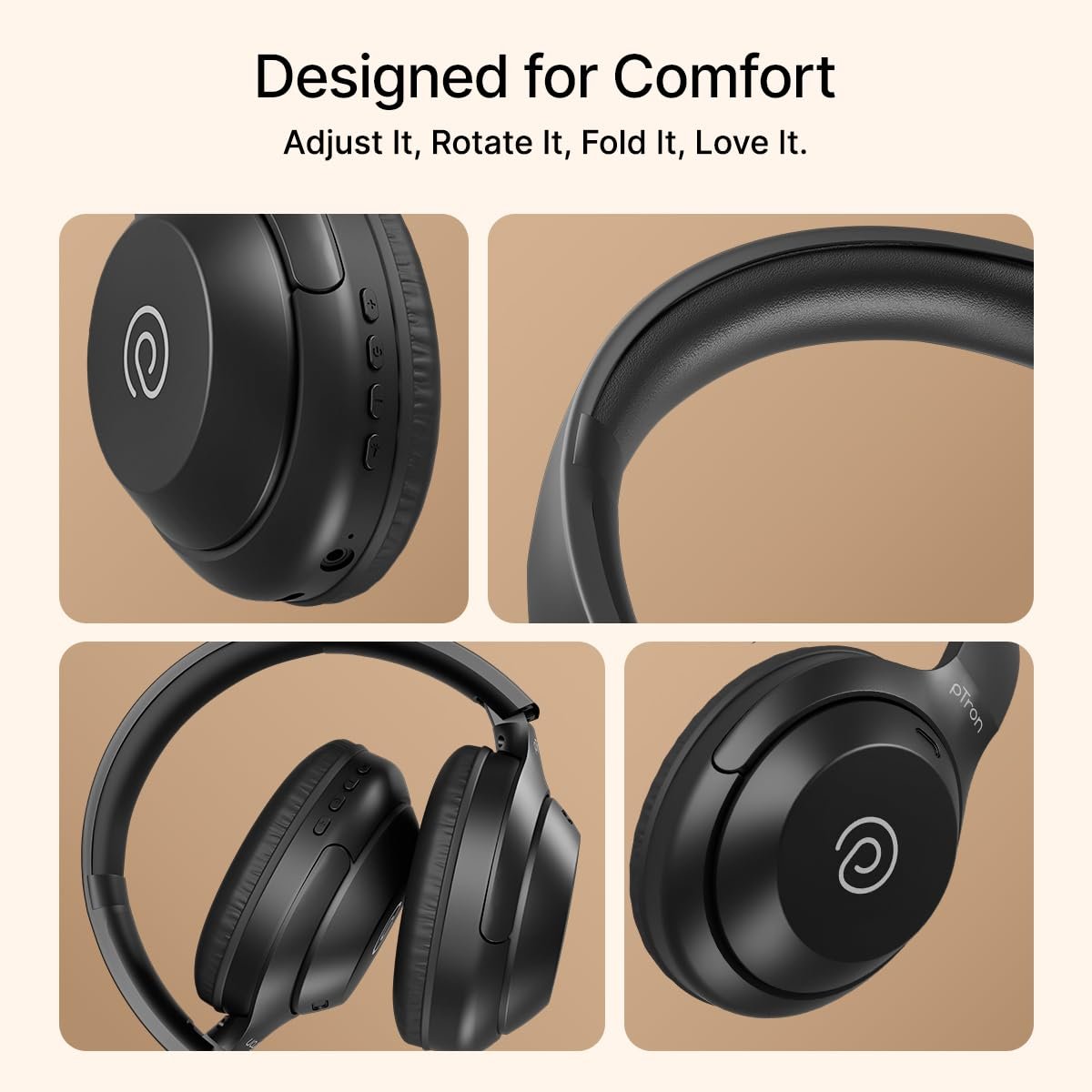 pTron Studio Classic w/ 75Hrs Playtime, Wireless Over Ear Headphones w/HD Mic & AI-ENC, Low-Latency Game & Music, Deep Bass, BT5.4, Dual Device Pairing, Voice Assist. & Type-C Fast Charging (Black) - Image 8