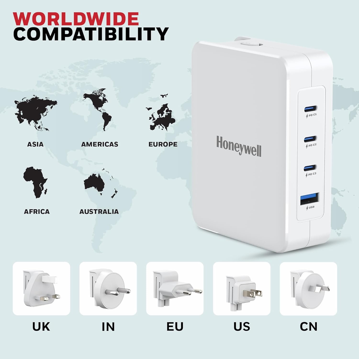 Honeywell Zest Charger GaN 100W,Ultra-Fast Wall Charger with PPS Support,3xType C PD 3.0 Ports & 1xUSB A Port,BIS Certified,Equipped with Switchable Plugs,Compatible with iPhone,Galaxy,Laptops - Image 3
