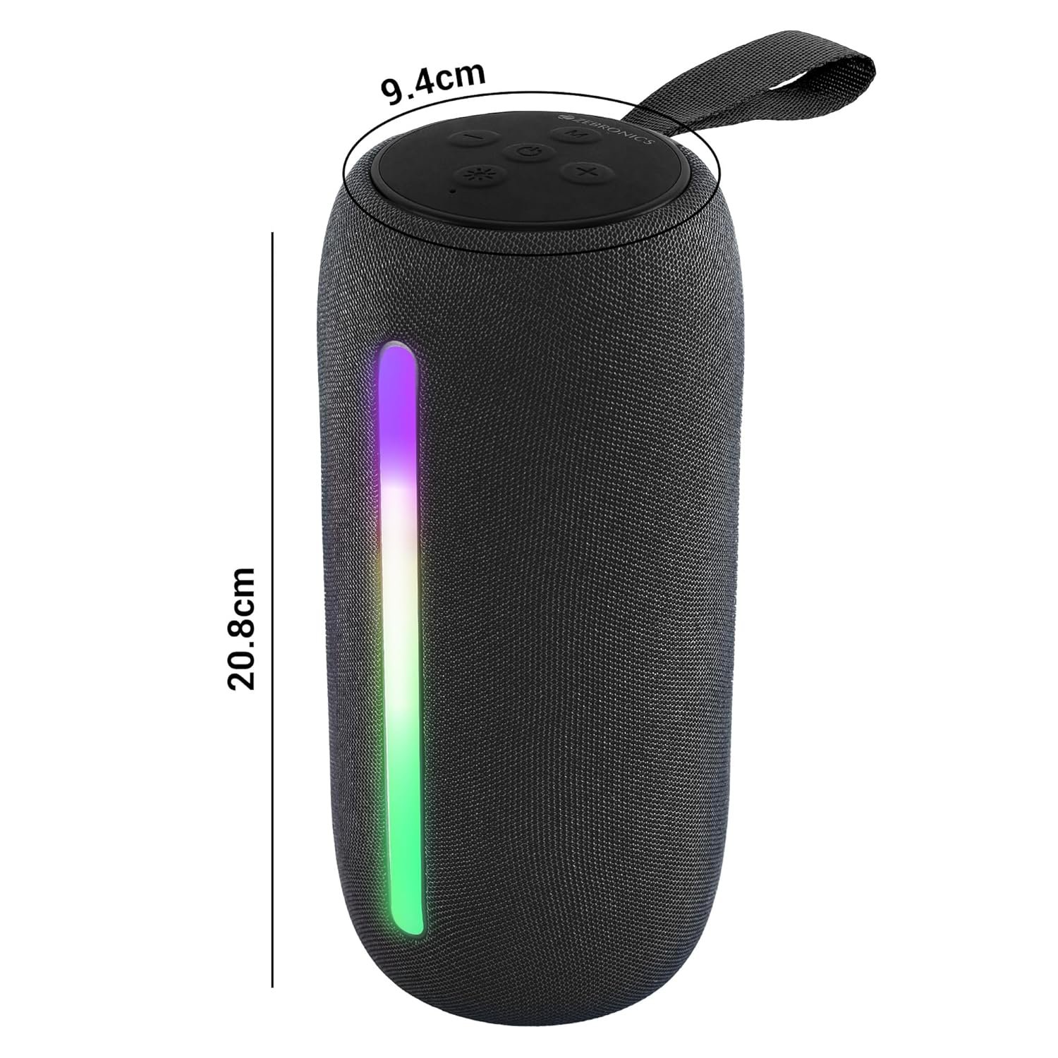 ZEBRONICS Sonic POD 20, Portable Bluetooth Speaker, 10 Watts, Upto 8 Hours Playback, RGB LED, Call Function, Fabric Finish with Carry Loop, BTv5.3 | TWS | USB | mSD | AUX (Black) - Image 4