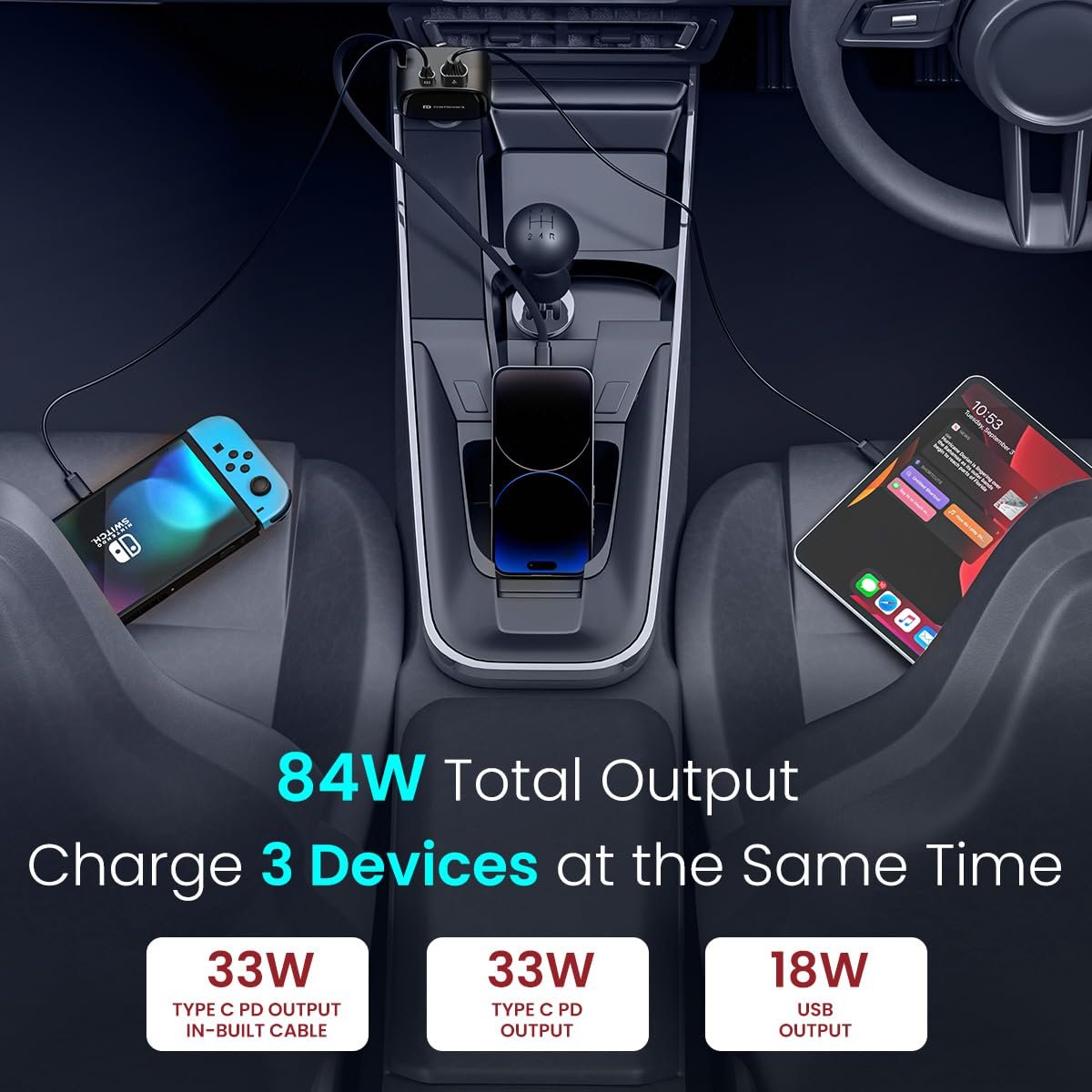 Portronics Car Power Retracto 84W 3 in 1 Car Charger, 80 cm Retractable Cable (33W Type-C PD), Dual Port (18W USB Type-A & 33W Type-C) for Laptop, Android, iPhone, Earbuds and More (Black) - Image 3