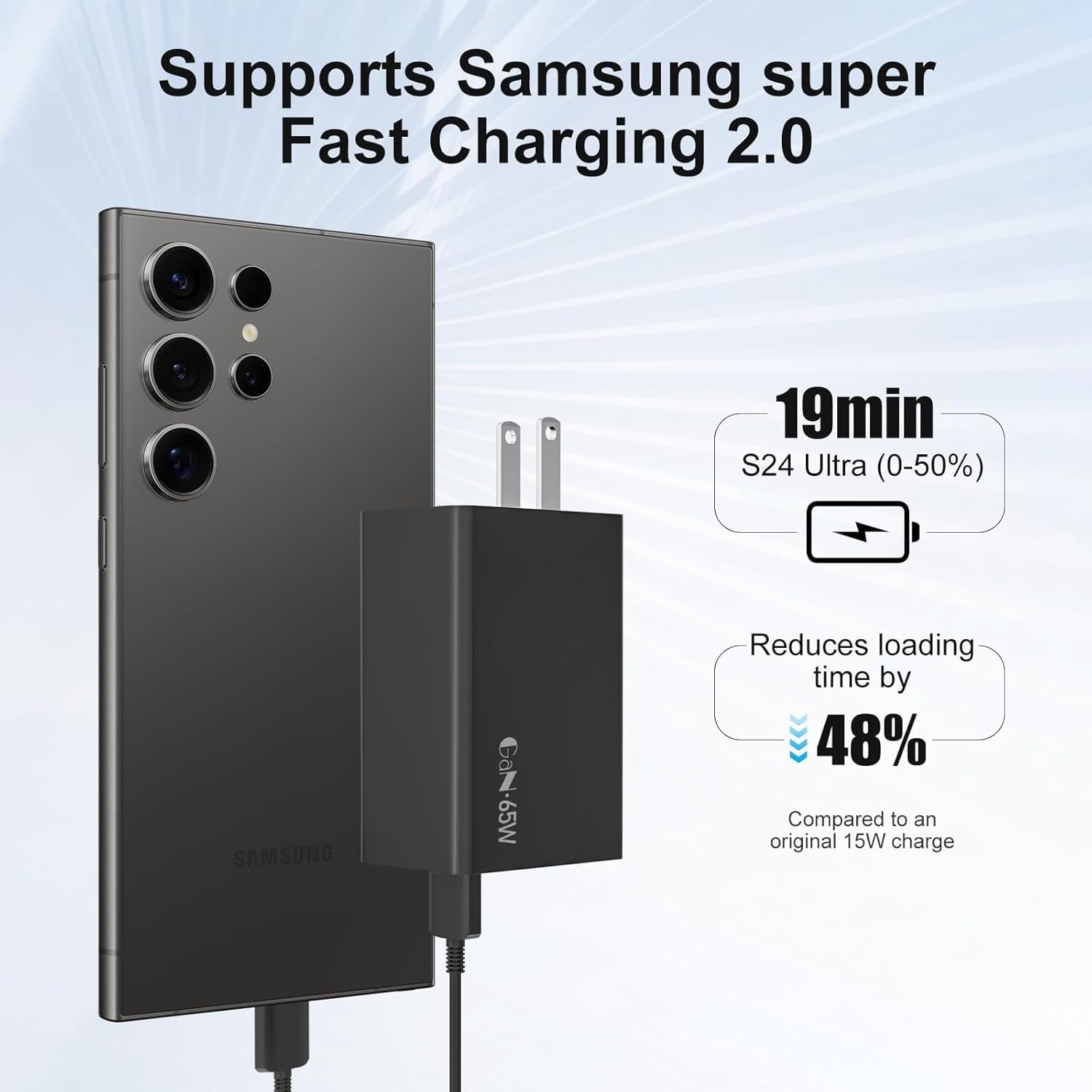 65W 3-Port Type C and Type A Super Fast Charging Wall Charger, GaN Trio Adapter for Samsung Galaxy S23 Ultra/S23/S23+/S22/S22 Ultra/S22+/S21 Fe 5G/S20 Ultra/Z Fold 5/4/3/ Z Flip 5/4/3Earbuds/laptops - Image 4