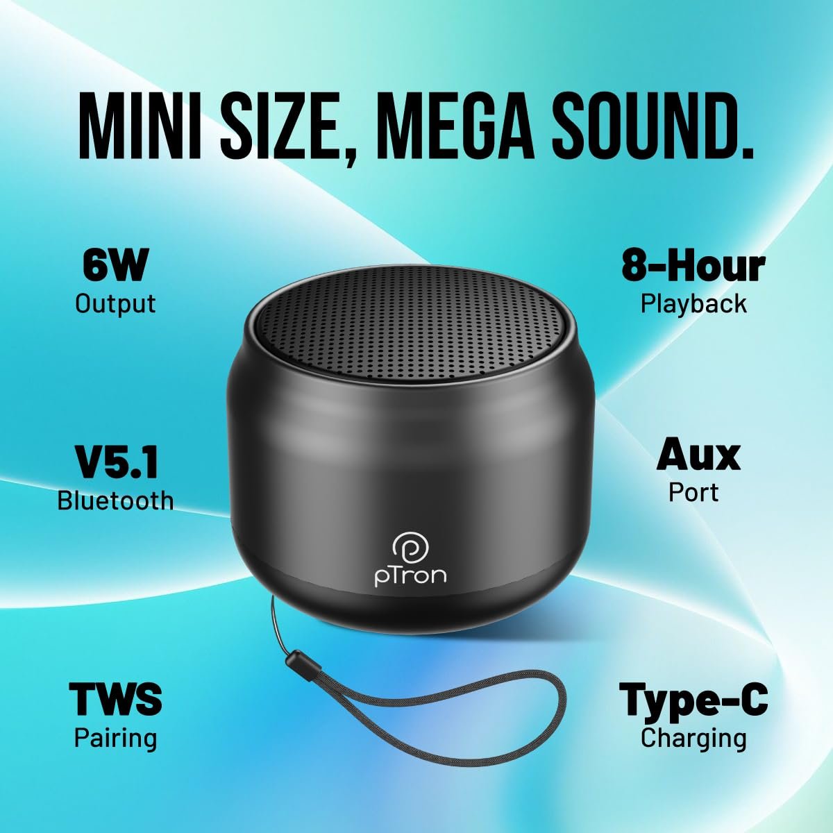 pTron Musicbot Lite 6W Bluetooth Speaker with 8 Hrs Playtime, 2.04" Neo Driver for Pristine Sound, Mini Size Portable Speaker, BTv5.1 Connectivity, TWS Feature & Type C Charging (Black) - Image 9