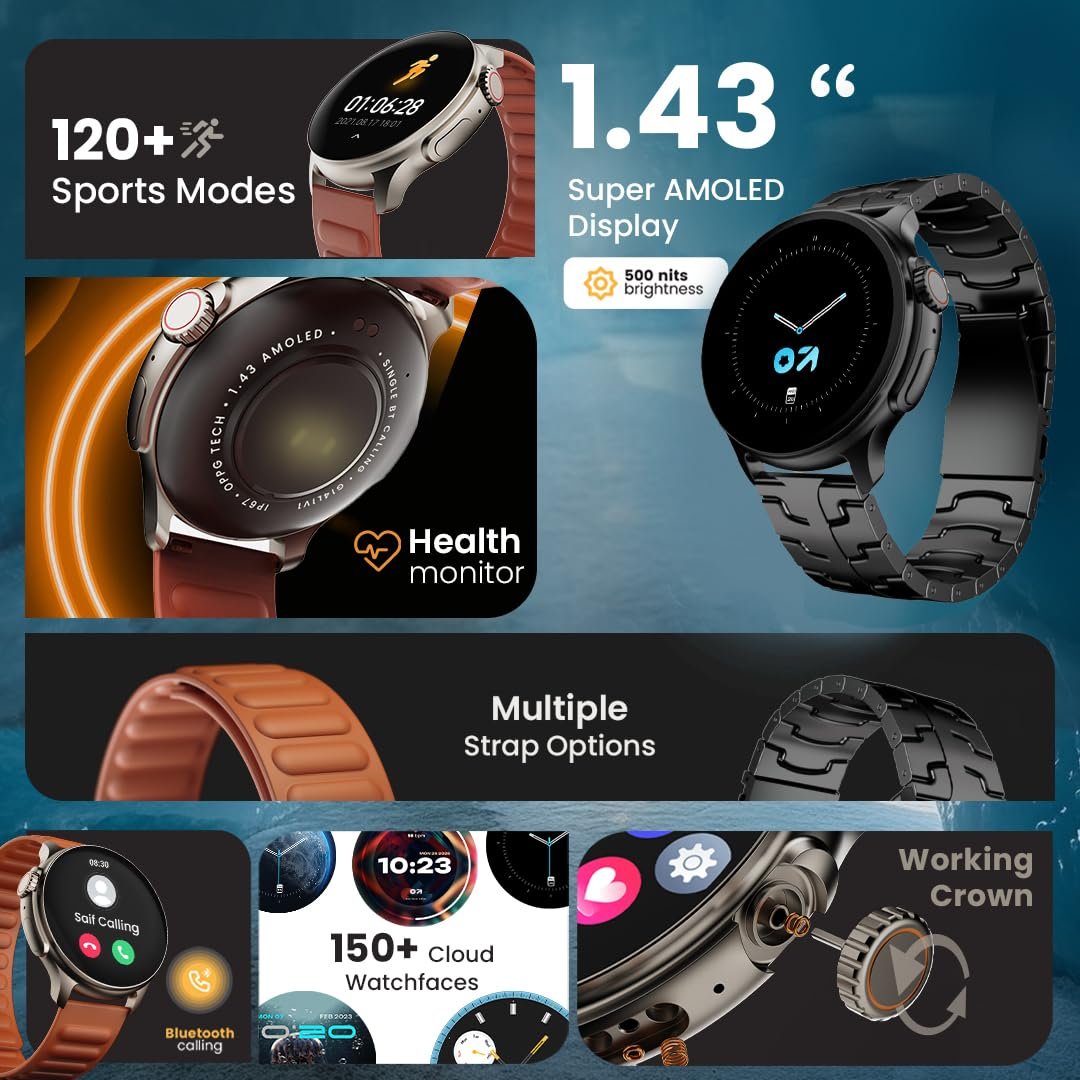 GOBOULT Crown R Pro 2 Smartwatch 1.43''HD AMOLED Display,BT Calling 5.2,600Nits Brightness,IP67,150+Watchfaces, 120+Sports Modes, AI Voice Assistant, SpO2 Monitoring(Charcoal Black) - Image 4