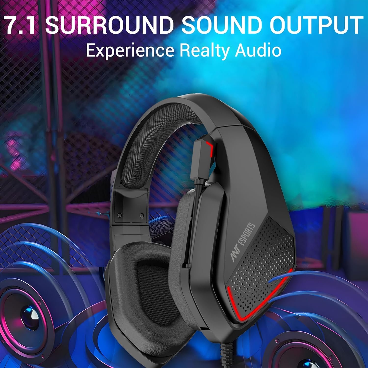 Ant Esports H590 7.1 Surround Sound Gaming Headset, USB Wired Over-Ear Headphones with 50mm Drivers, Noise Cancelling Mic, Red LED, Soft Earmuffs, for PC, PS5, Xbox, Laptop - Image 4