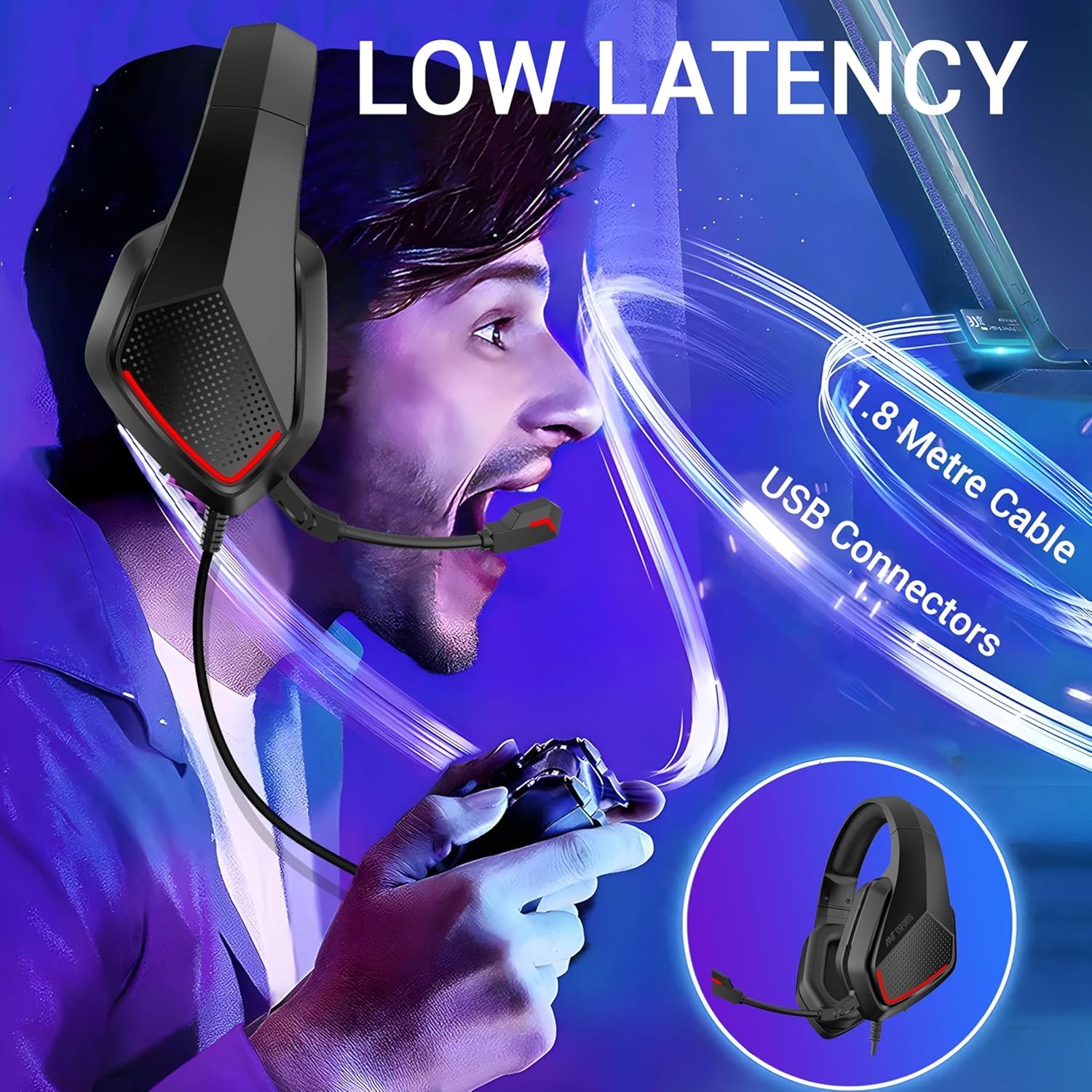 Ant Esports H590 7.1 Surround Sound Gaming Headset, USB Wired Over-Ear Headphones with 50mm Drivers, Noise Cancelling Mic, Red LED, Soft Earmuffs, for PC, PS5, Xbox, Laptop - Image 5