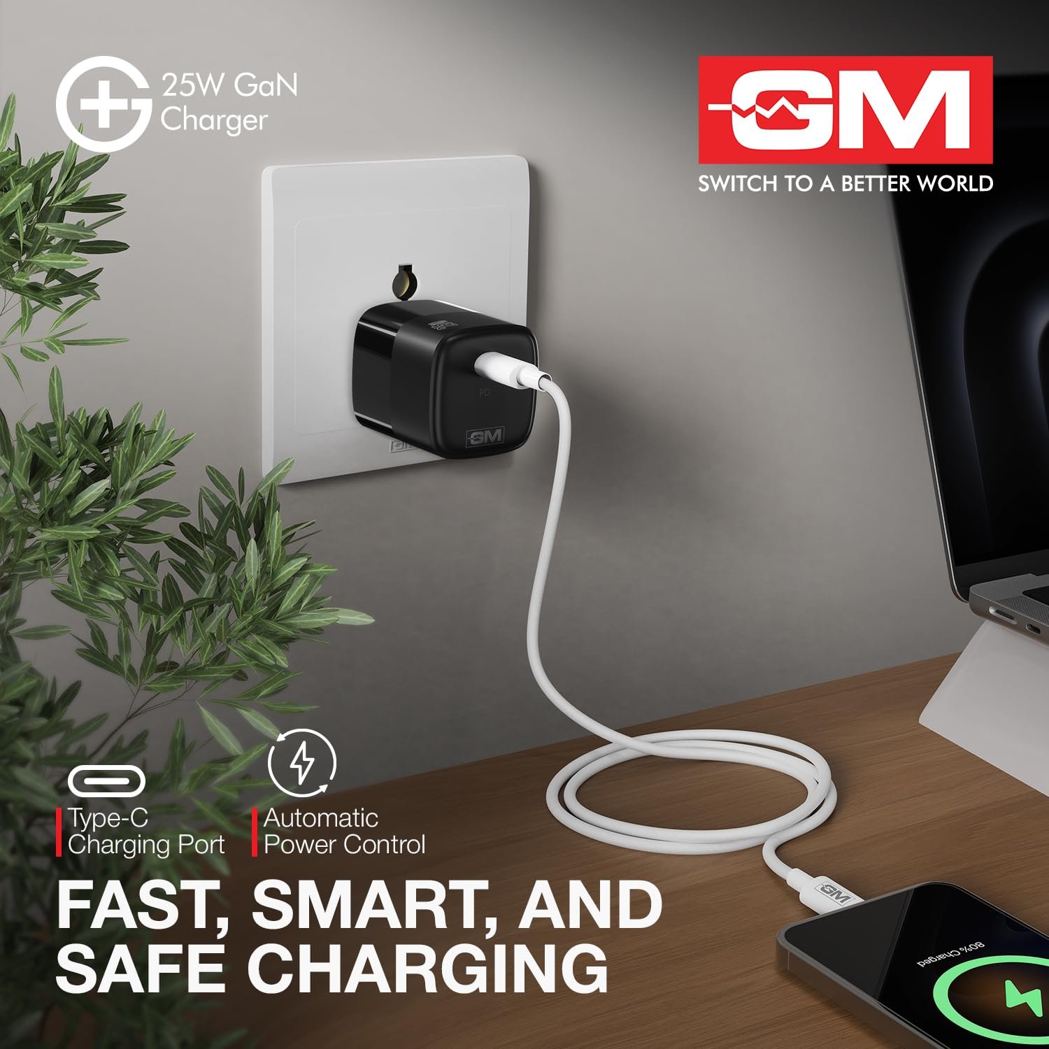 GM G+ 25W GaN Fast Charger with USB-C Port | Type-C & Type-A 3.0 Fast Charging | Compact Travel Adapter for Phones, Tablets & Earbuds | Smart Power Allocation | Safe & Energy-efficient Charger - Image 3