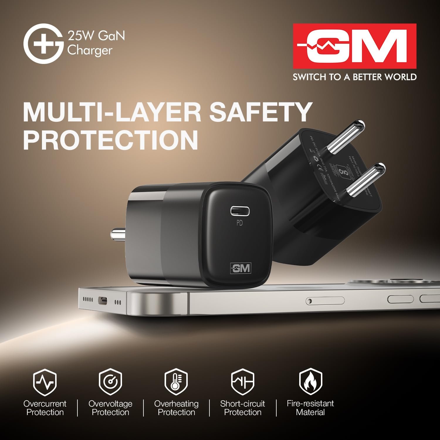 GM G+ 25W GaN Fast Charger with USB-C Port | Type-C & Type-A 3.0 Fast Charging | Compact Travel Adapter for Phones, Tablets & Earbuds | Smart Power Allocation | Safe & Energy-efficient Charger - Image 9