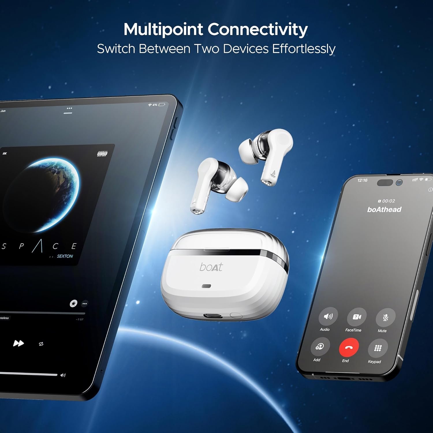 boAt Nirvana Space, 360 Spatial Audio, Active Noise Cancellation (~32dB), 100Hrs Battery,4Mics ENx, Fast Charge, v5.3 Bluetooth TWS in Ear Earbuds Wireless Earphones with mic (Celestial White) - Image 5