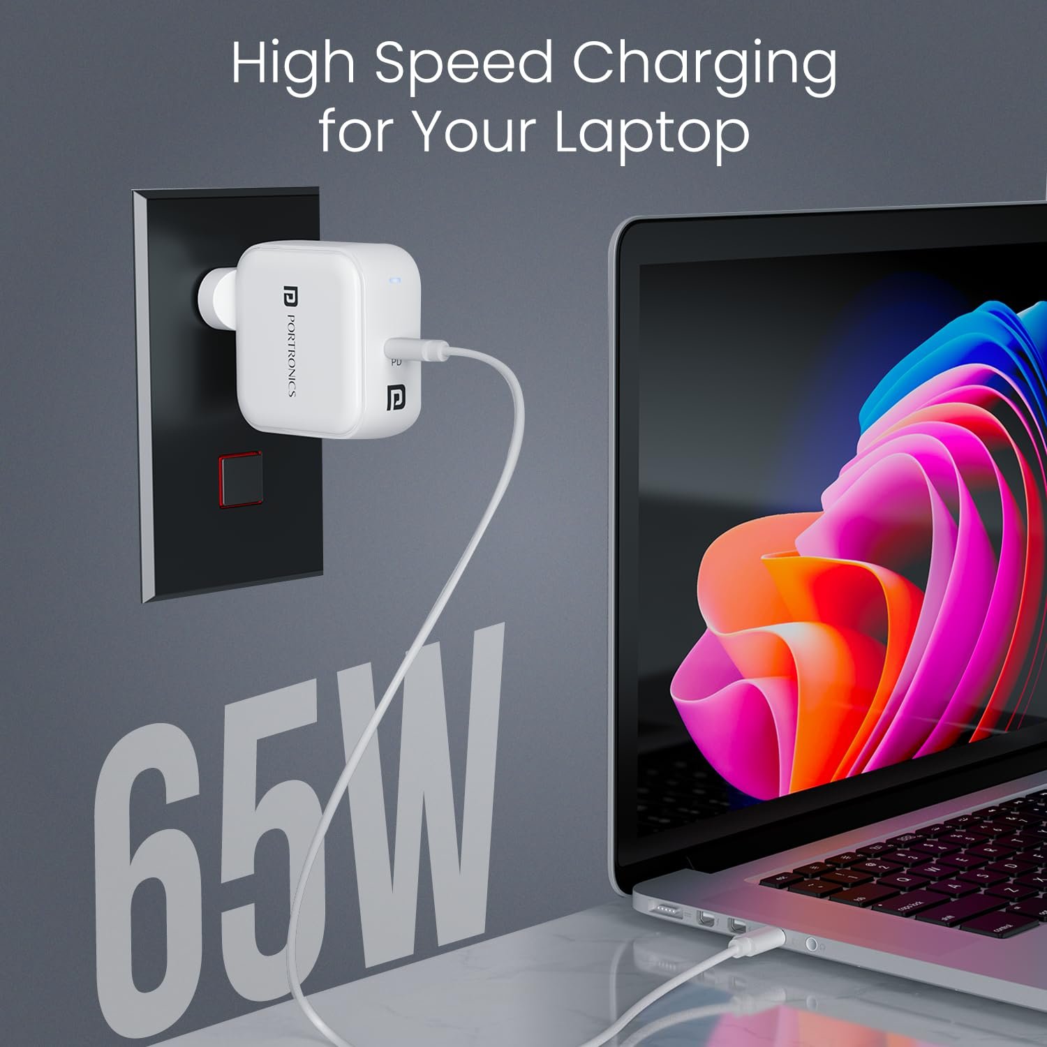 Portronics Adapto 65C 65W Type C PD Super Fast Charger Adaptor for Laptop, Smartphone, iPads & Tablets, GaN Technology, Best for Samsung, iPhone, Nothing, iPads, MacBook, Type C Laptop(White) - Image 3
