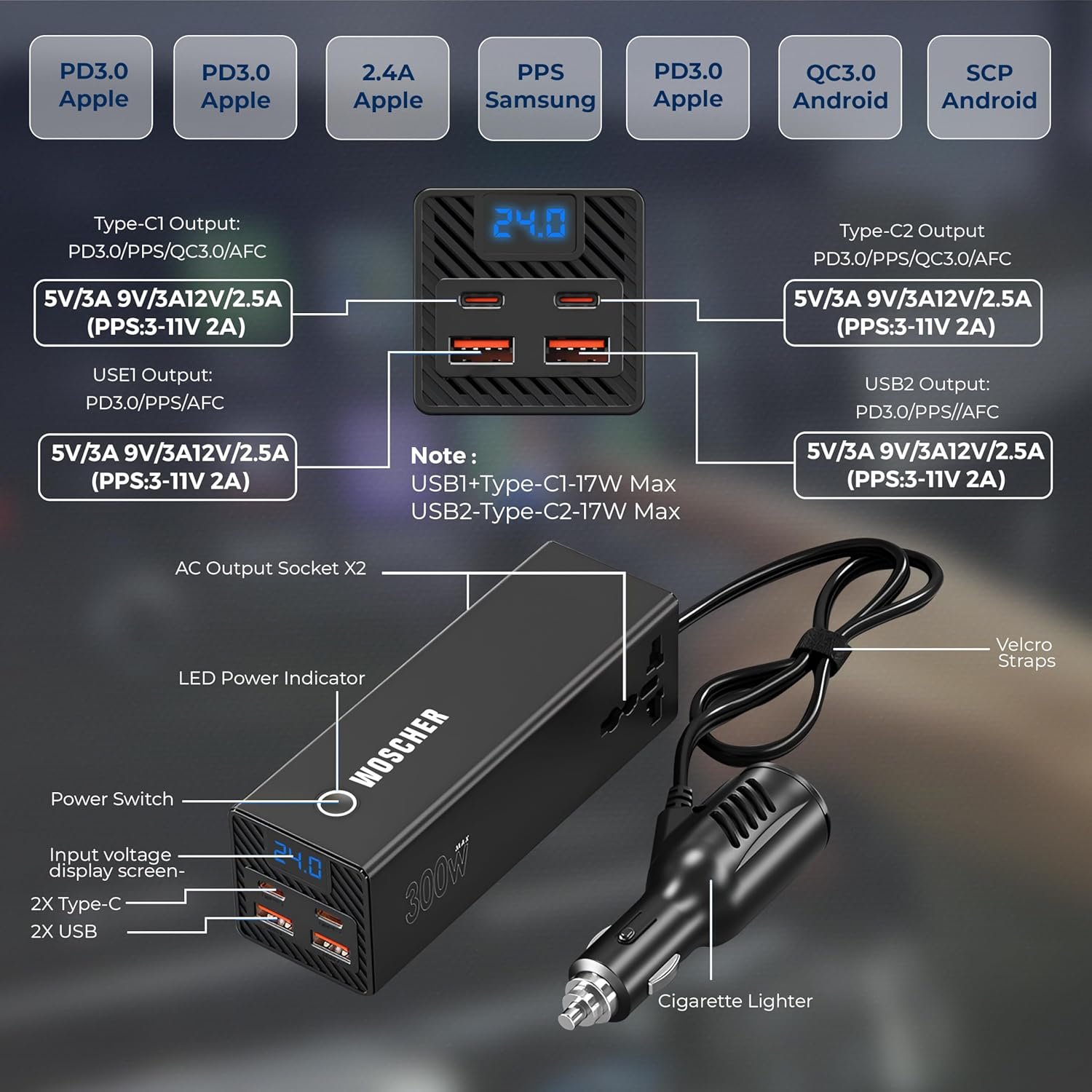 Woscher 300W Car Laptop Charger Power Inverter 2 USB (24W Max), 2 C Type (36W Max) & 2 AC Universal Socket (300W Max) DC 12V to 220V AC Car Charger Converter,Multiple Deice Use|18 Months Warranty - Image 5