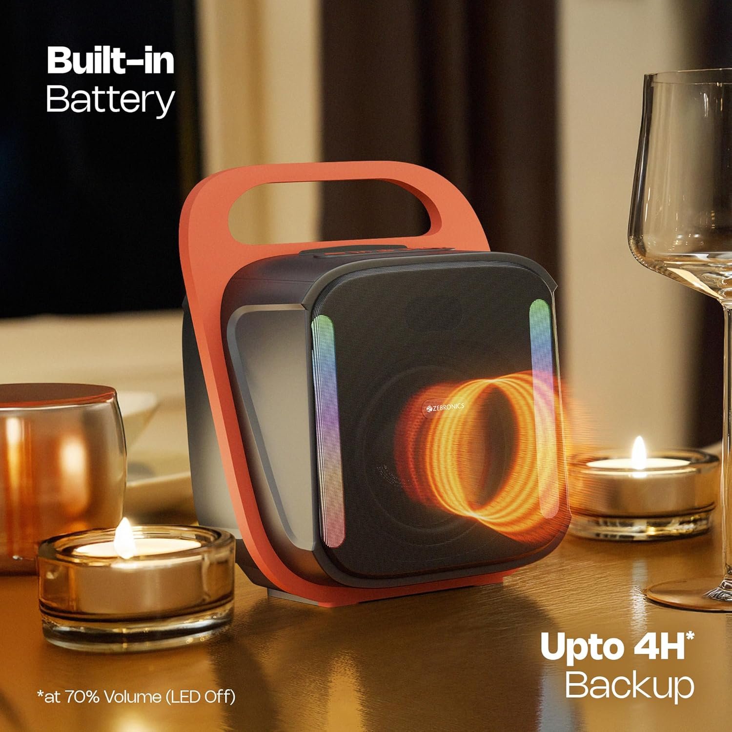 Zebronics Portable BT Speaker, 14W, Upto 4 Hrs Playback, 10.16cm Driver, BT v5.4, USB, mSD, AUX, Splash Proof, Voice Changing Wireless Mic, Carry Handle, Mobile Holder, 6 RGB Modes (Sound Feast 110) - Image 3