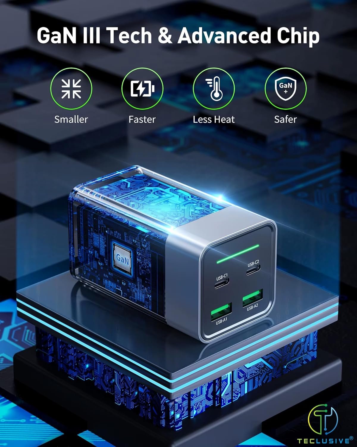 T Teclusive 120w Gan Type C USB Charger Compatible for iPhone 17 16 15 | S25 S24 Ultra | MacBook iPad Air Pro | Laptop | Super Fast 4 Port QC PD 100w Multi-Port Travel Adapter - Image 3