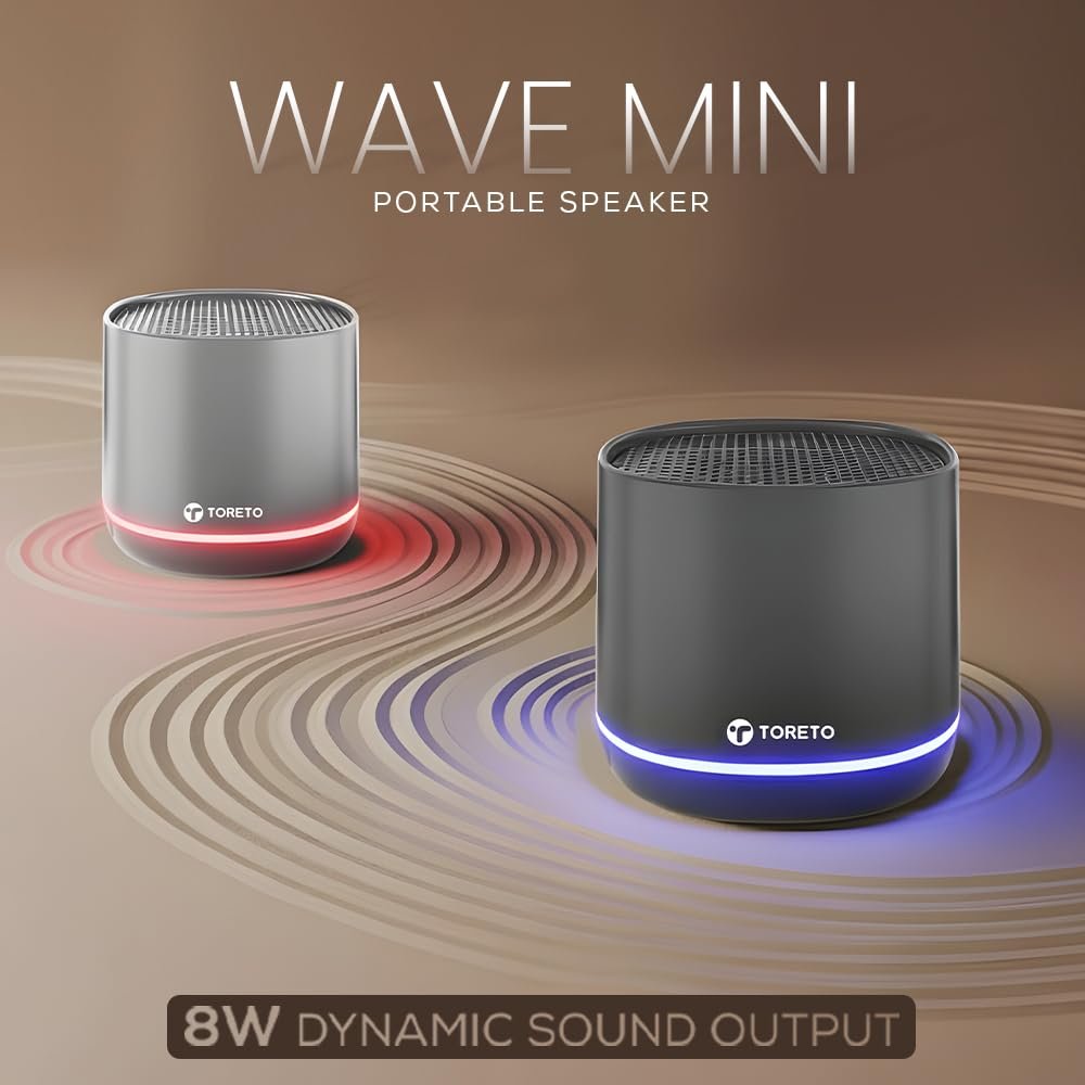 Toreto Wave Mini Portable Bluetooth Speaker 8W | RGB Lights | Selfie Remote Feature | 4H Playtime | TWS, USB & TF Card Support | Type-C Charging | Lanyard for Carrying | BIS Certified (Black) - Image 3