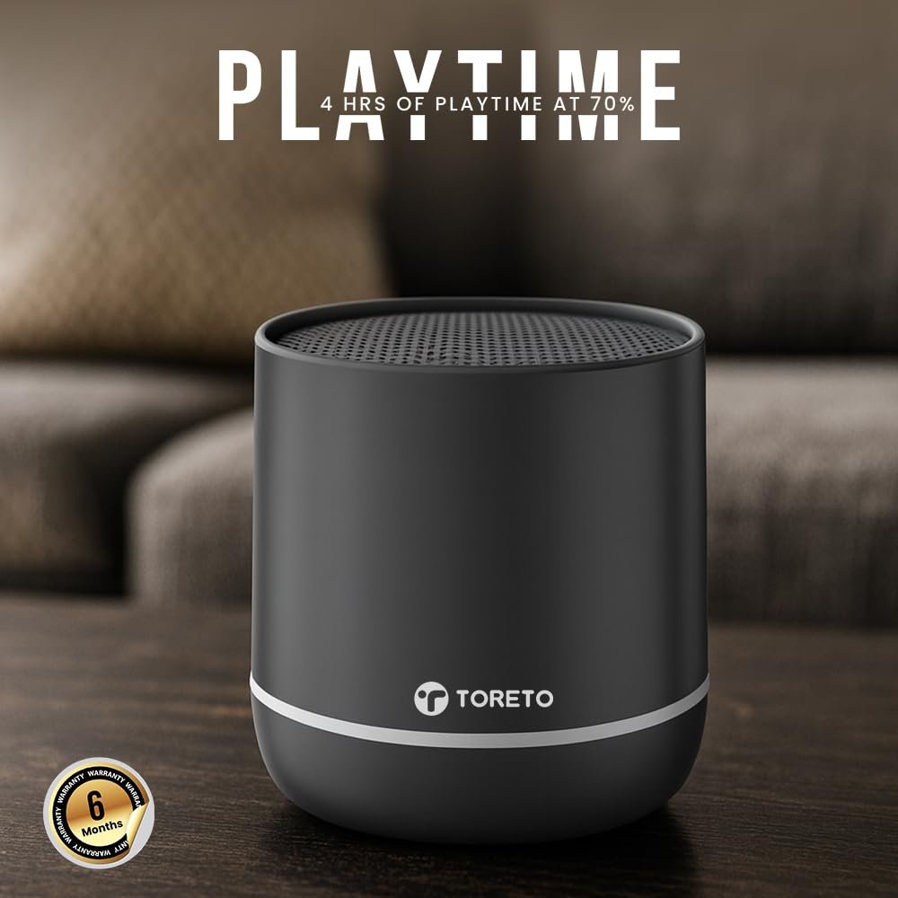 Toreto Wave Mini Portable Bluetooth Speaker 8W | RGB Lights | Selfie Remote Feature | 4H Playtime | TWS, USB & TF Card Support | Type-C Charging | Lanyard for Carrying | BIS Certified (Black) - Image 4