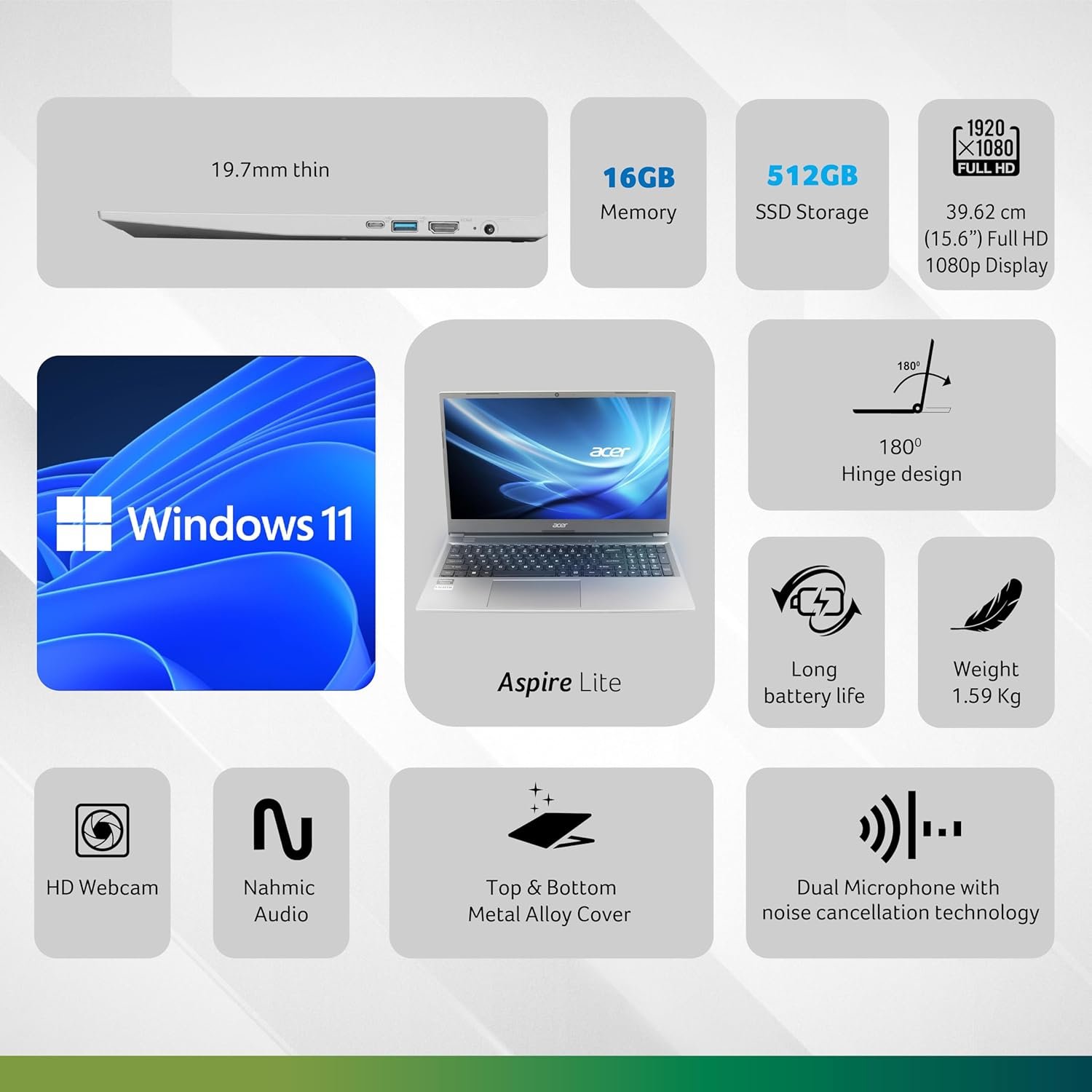 acer SmartChoice Aspire Lite, AMD Ryzen 5-5625U Processor, 16 GB/512 GB, Full HD, 15.6"/39.62 cm, Windows 11 Home, Steel Gray, 1.59 kg, AL15-41, Metal Body, Thin and Light Laptop - Image 3