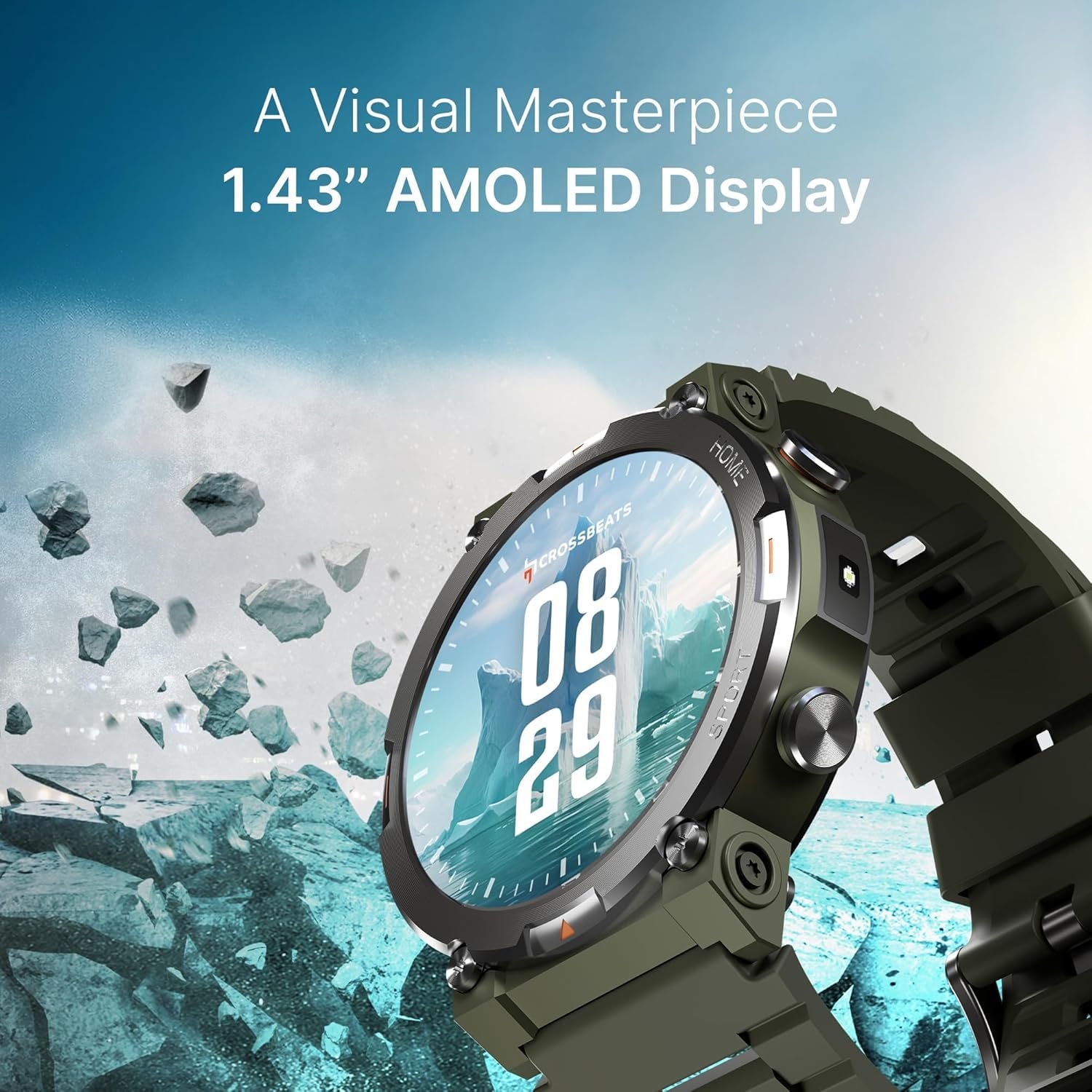 CrossBeats Everest 2.0 Smart Watch for Men 1.43" True AMOLED, Always ON Display Bluetooth Calling Rugged Outdoor Military Grade Certified Upto 15 Days Battery Life Smartwatch (Camo Green) - Image 3