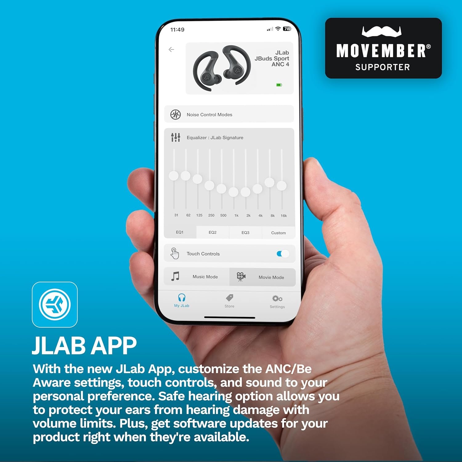 JLab JBuds Sport ANC 4 Active Noise Cancelling Earbuds - True Wireless Running Earphones, Bluetooth Sports Headphones, 60 H Playtime In Ear Buds for Gym, IP66, USB-C Charging Case, Graphite - Image 4