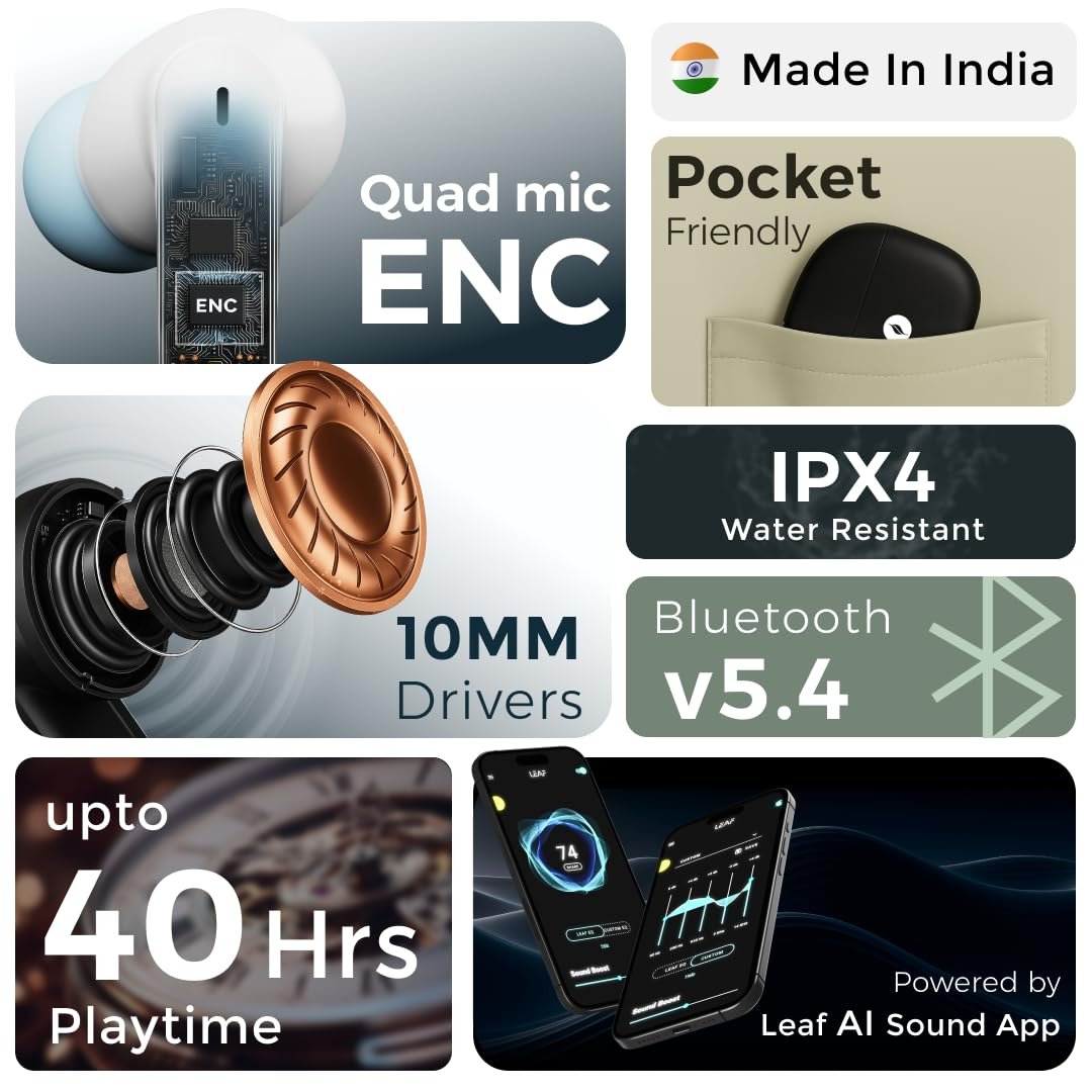 Leaf Buds X334 True Wireless in Ear Earbuds Ai Sound App, 40H Playtime, Quad Mic with Enc, 50Ms Low Latency, Fast Charging(10Min=300Min), 10Mm Driver, Ipx5, Bluetooth V5.4 TWS (Espresso) - Image 3