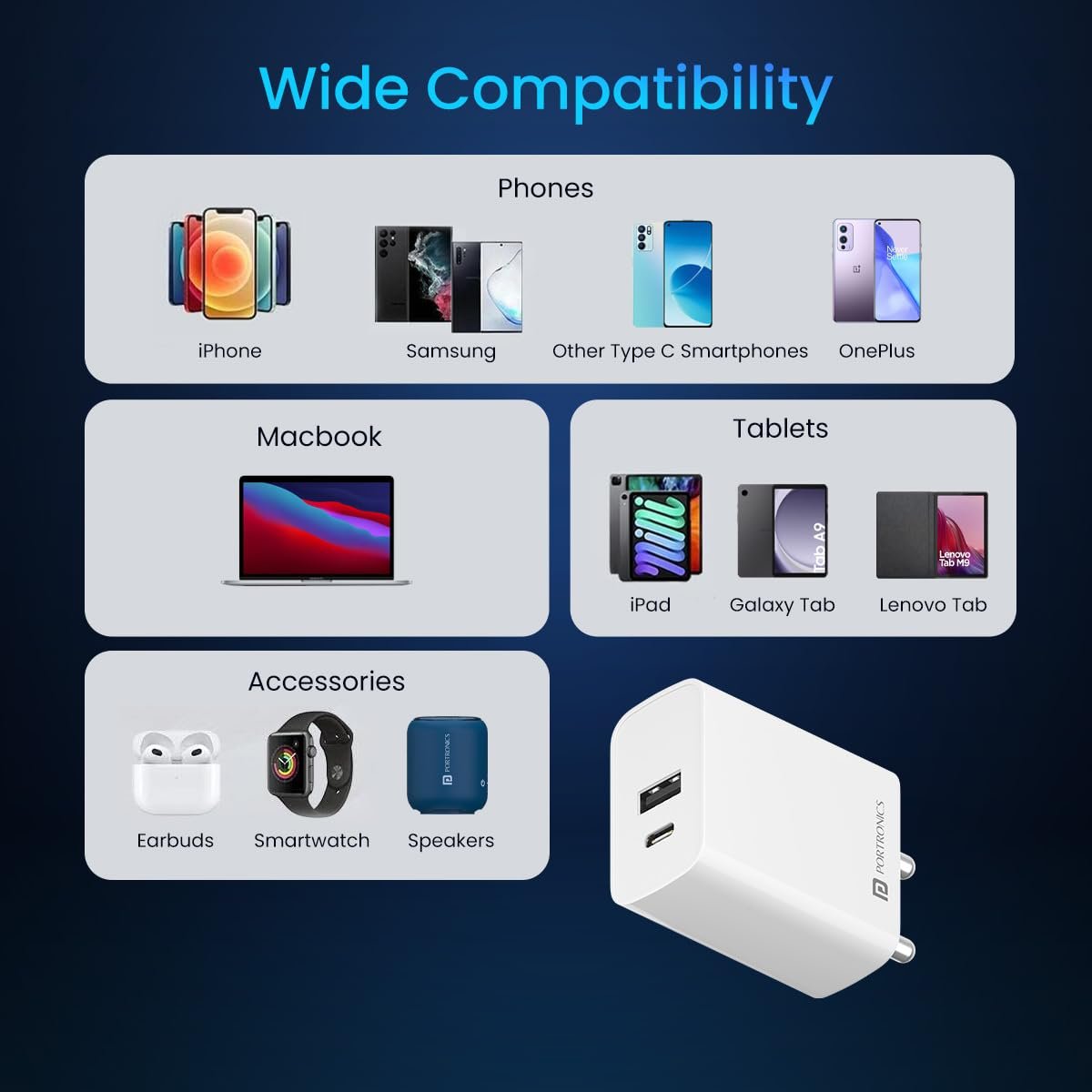 Portronics Adapto 70 33W Fast Charger Adapter with Dual Output (USB + Type C) Supports PPS Charging Via Type C Port, 27W Dash, Warp 27W, Dart, Super Dart 27W(White) - Image 4