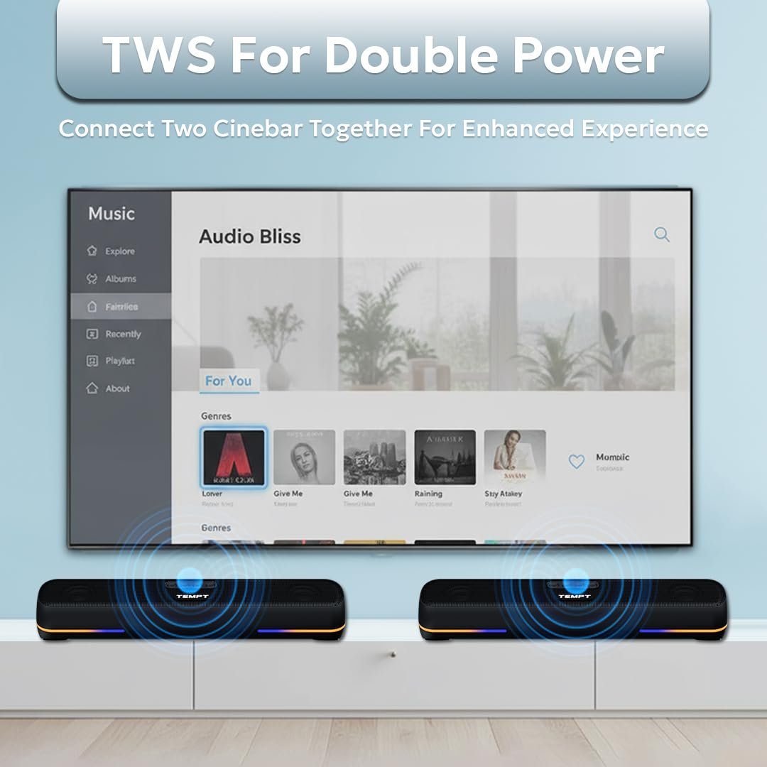 TEMPT CineBar 24W Portable Wireless Soundbar | Dual Bass | RGB LED | 8H Backup | Bluetooth v5.4 | Multi-Connectivity (Black) - Image 8