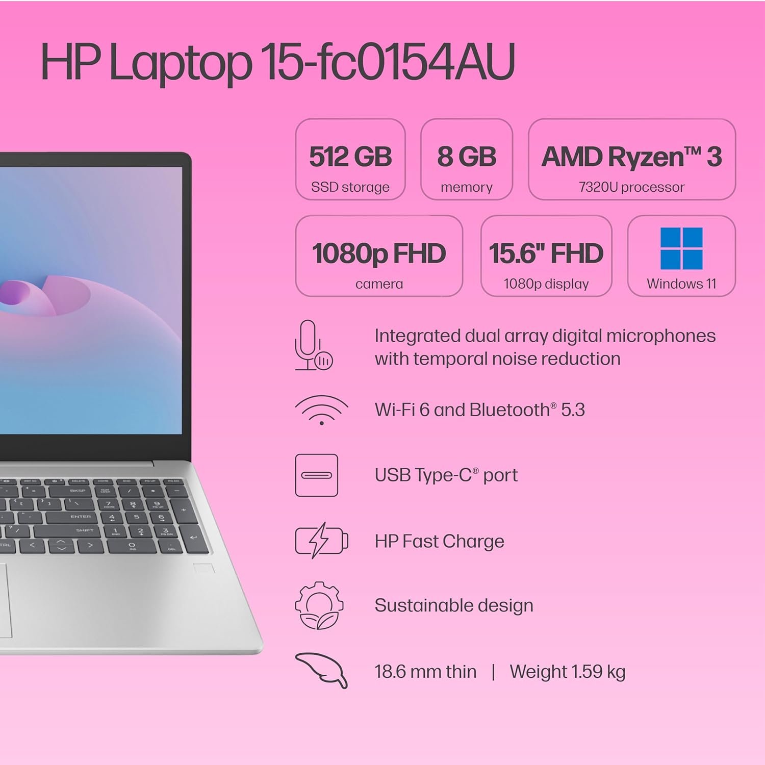 HP 15, AMD Ryzen 3 7320U (8GB LPDDR5, 512GB SSD) FHD, Anti-Glare, Micro-Edge, 15.6"/39.6cm, Win 11, Office 21, Silver, 1.59kg, fc0154AU, AMD Radeon Graphics, 1080p FHD Camera Laptop - Image 12