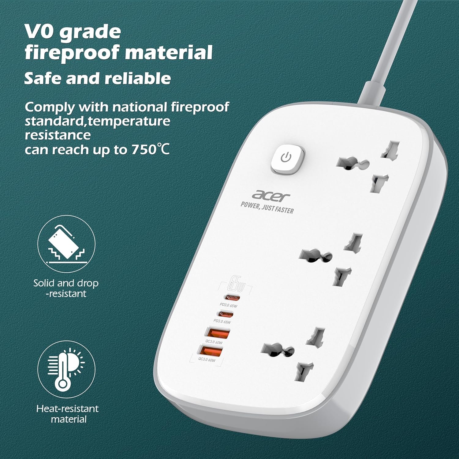 Acer PowerHub Core GaN | 3 AC Outlets + 4 USB Ports (2 Type-C GaN PD 65W + 2 Type-A) | GaN Fast Charging 2500W | Surge Protection | Compact Desktop Power Strip | Overload Safety Protection - Image 3