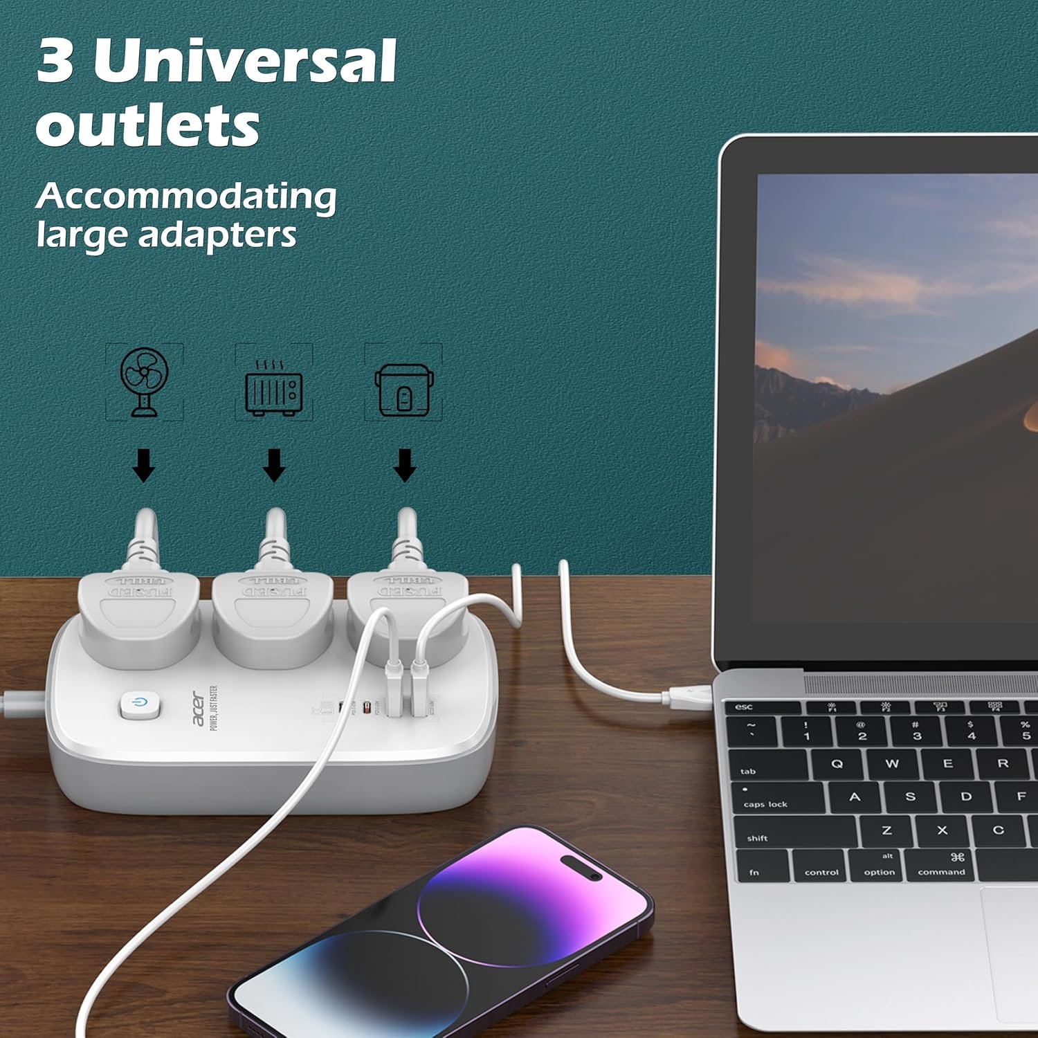 Acer PowerHub Core GaN | 3 AC Outlets + 4 USB Ports (2 Type-C GaN PD 65W + 2 Type-A) | GaN Fast Charging 2500W | Surge Protection | Compact Desktop Power Strip | Overload Safety Protection - Image 4