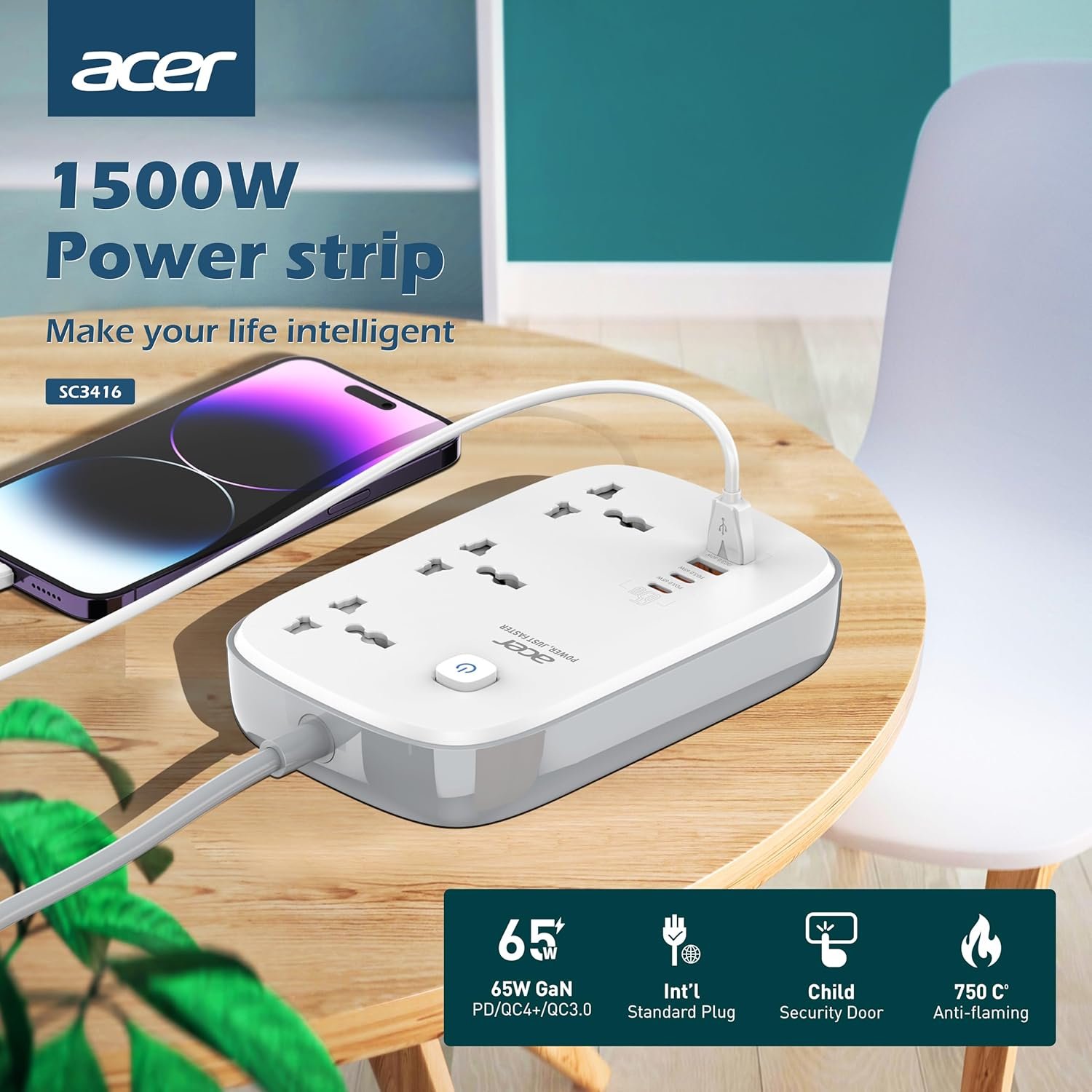 Acer PowerHub Core GaN | 3 AC Outlets + 4 USB Ports (2 Type-C GaN PD 65W + 2 Type-A) | GaN Fast Charging 2500W | Surge Protection | Compact Desktop Power Strip | Overload Safety Protection - Image 8