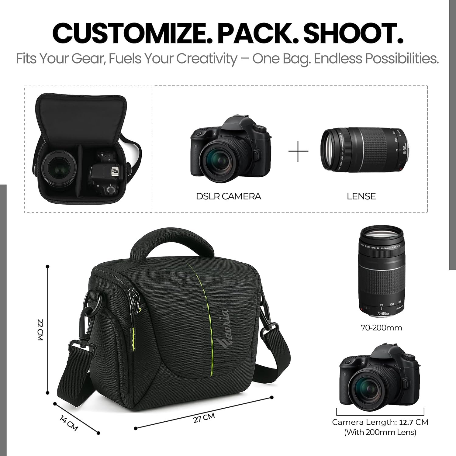Favria Camera Bag for DSLR & Mirrorless – Fits Nikon, Canon, Sony – Camera Bag for Travel – Shockproof Sling Case for Lens – Water-Resistant Compact Photography Bag (Black Green) - Image 3