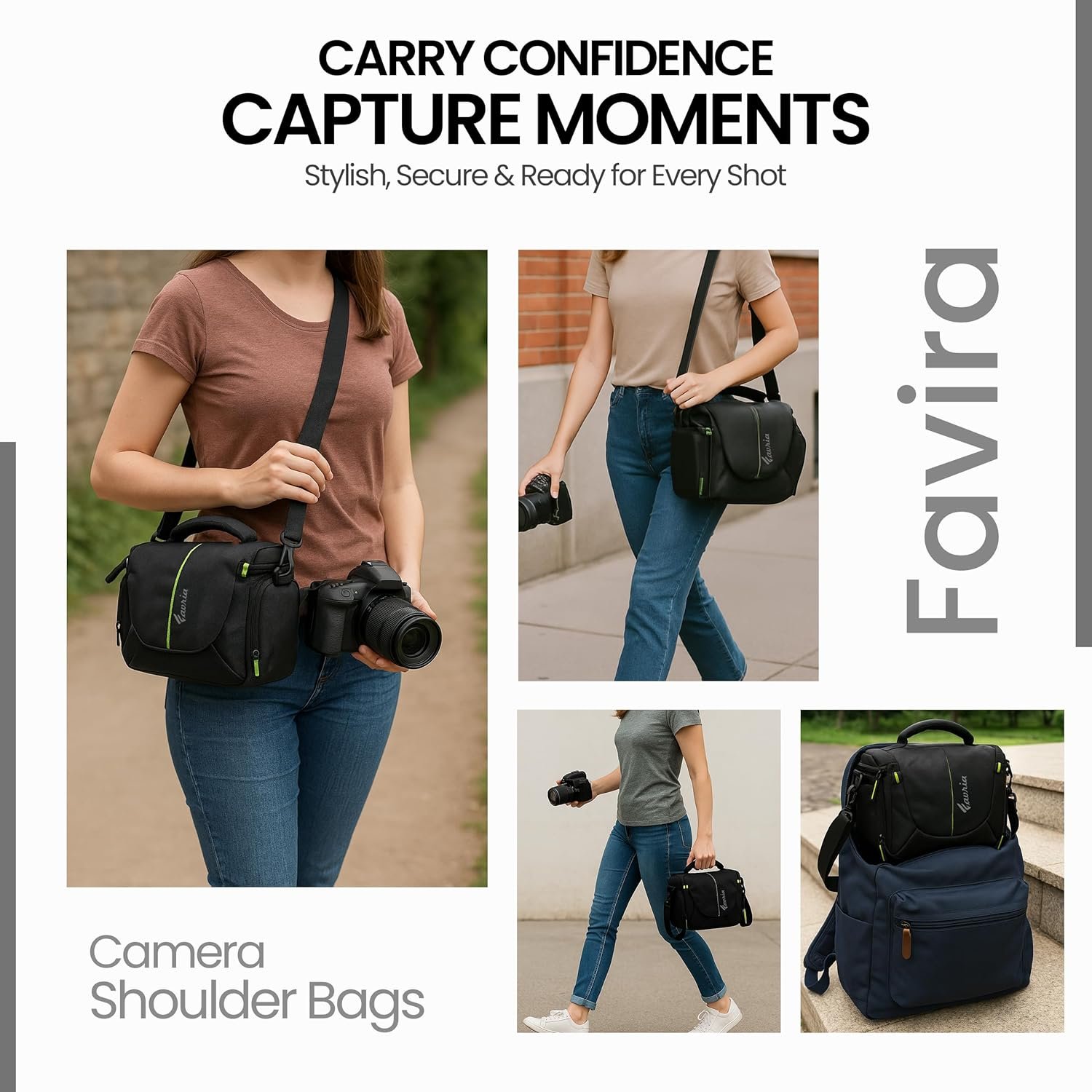 Favria Camera Bag for DSLR & Mirrorless – Fits Nikon, Canon, Sony – Camera Bag for Travel – Shockproof Sling Case for Lens – Water-Resistant Compact Photography Bag (Black Green) - Image 4