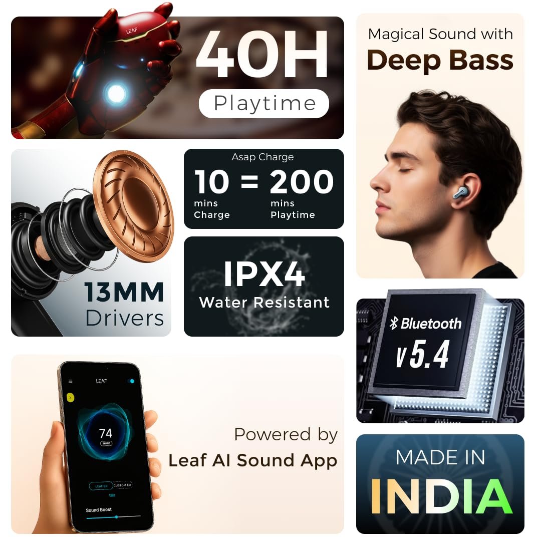 Leaf Buds X101 True Wireless in Ear Earbuds AI Sound App, 40H Playtime, Quad Mic with ENC, Fast Charging(10Min=200Min), 13mm Driver, IPX5, Bluetooth V5.4 TWS, 1 Year Warranty (Flaming Summer) - Image 3