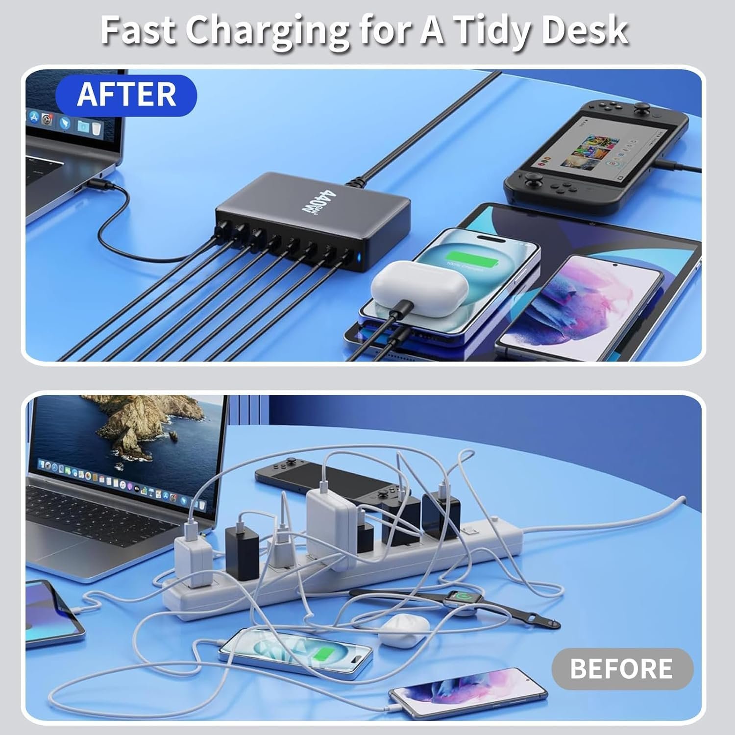 Dawnrays 8-in-1 500W GaN Fast Charger – 6 USB-C (100W+65W) & 2 USB-A QC 20W Ports, PD 3.0, Compact Multiport Charging Station for MacBook, iPhone 16, Android, iPad, Laptop & More - Image 3