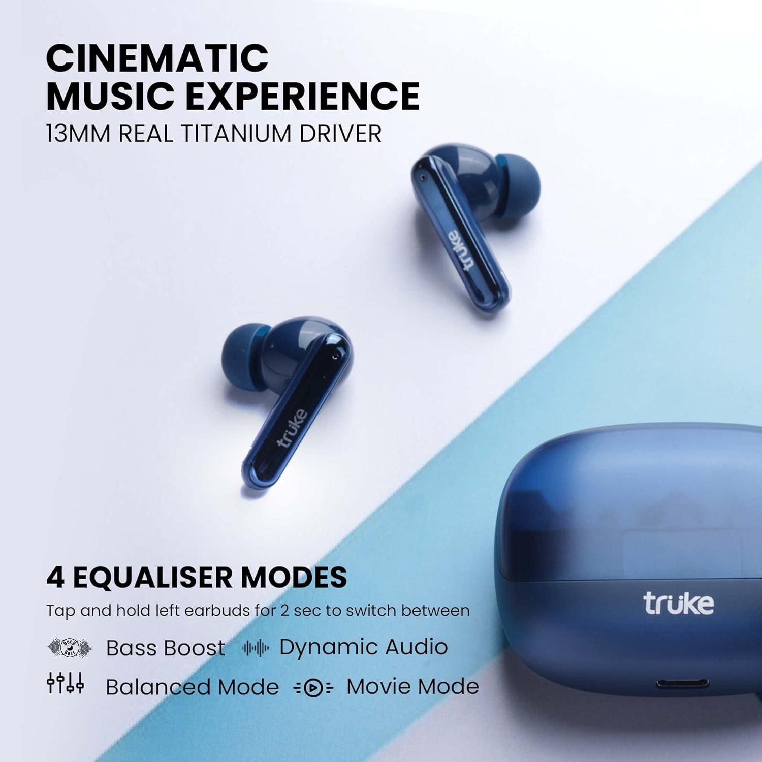 truke Newly Launched Buds Vibe True Wireless in Ear Earbuds with 35dB Real ANC + Quad Mic ENC, 13mm Big Speaker, 4 EQ Modes, 48H Playtime, Fast Charge, 40ms Low Latency, AAC Codec, BT 5.3, IPX5(Blue) - Image 7
