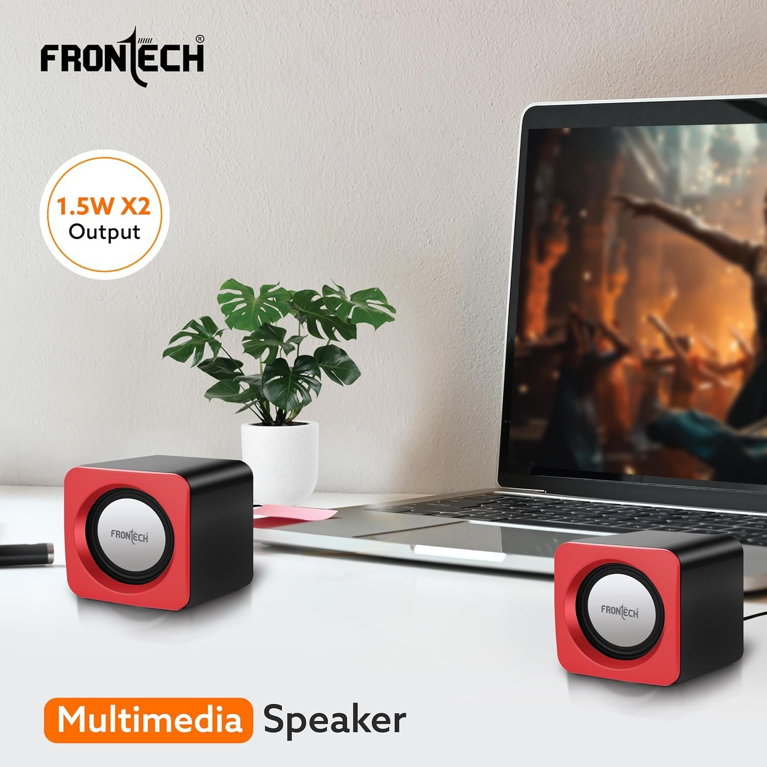 FRONTECH Premium 2.0 Channel USB Powered Speakers with 1.5W x 2 Output, AUX Input, and 1-Year Warranty (Red) - Image 3