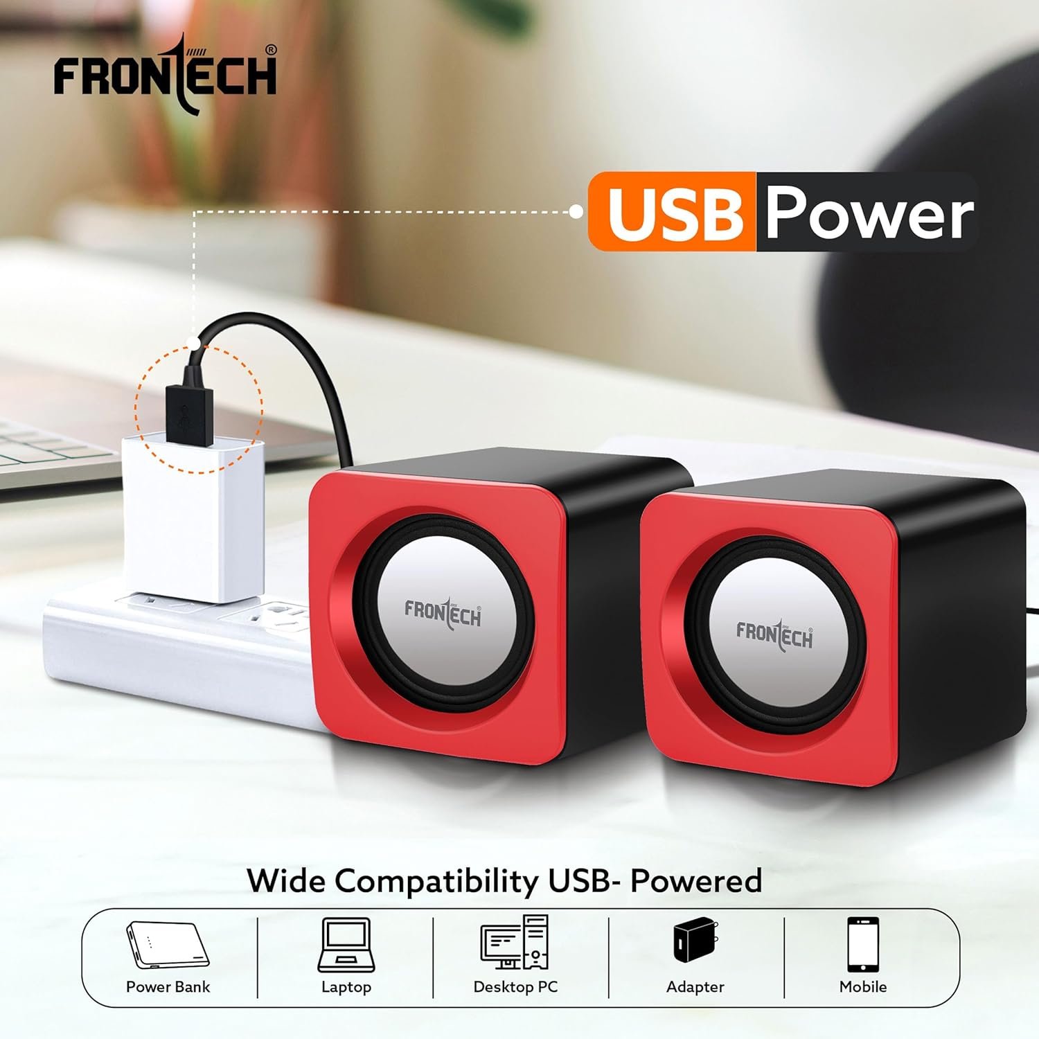 FRONTECH Premium 2.0 Channel USB Powered Speakers with 1.5W x 2 Output, AUX Input, and 1-Year Warranty (Red) - Image 4