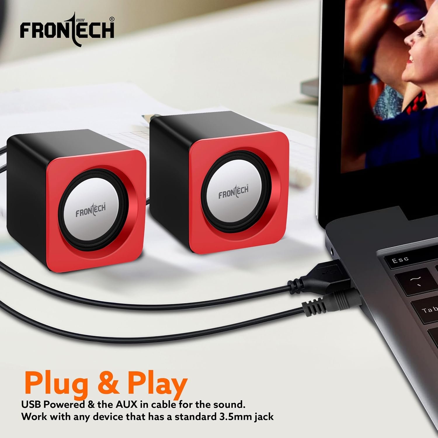 FRONTECH Premium 2.0 Channel USB Powered Speakers with 1.5W x 2 Output, AUX Input, and 1-Year Warranty (Red) - Image 5