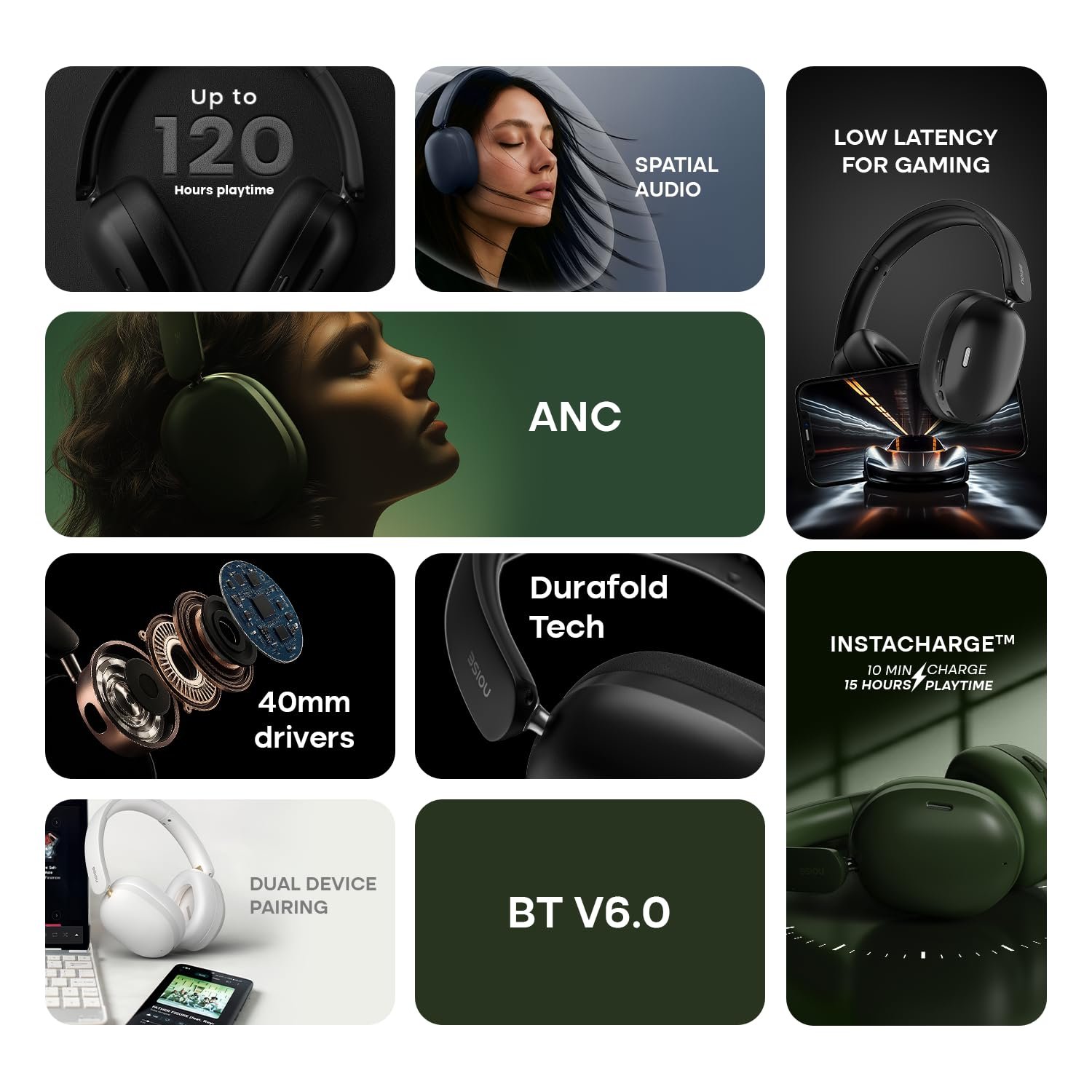 Noise Newly Launched Airwave Max XR Wireless Over-Ear Headphones with 120H Playtime, ANC, HFA Tech, Spatial Audio, Dual Pairing,BT V6.0(Pearl Beige) - Image 3